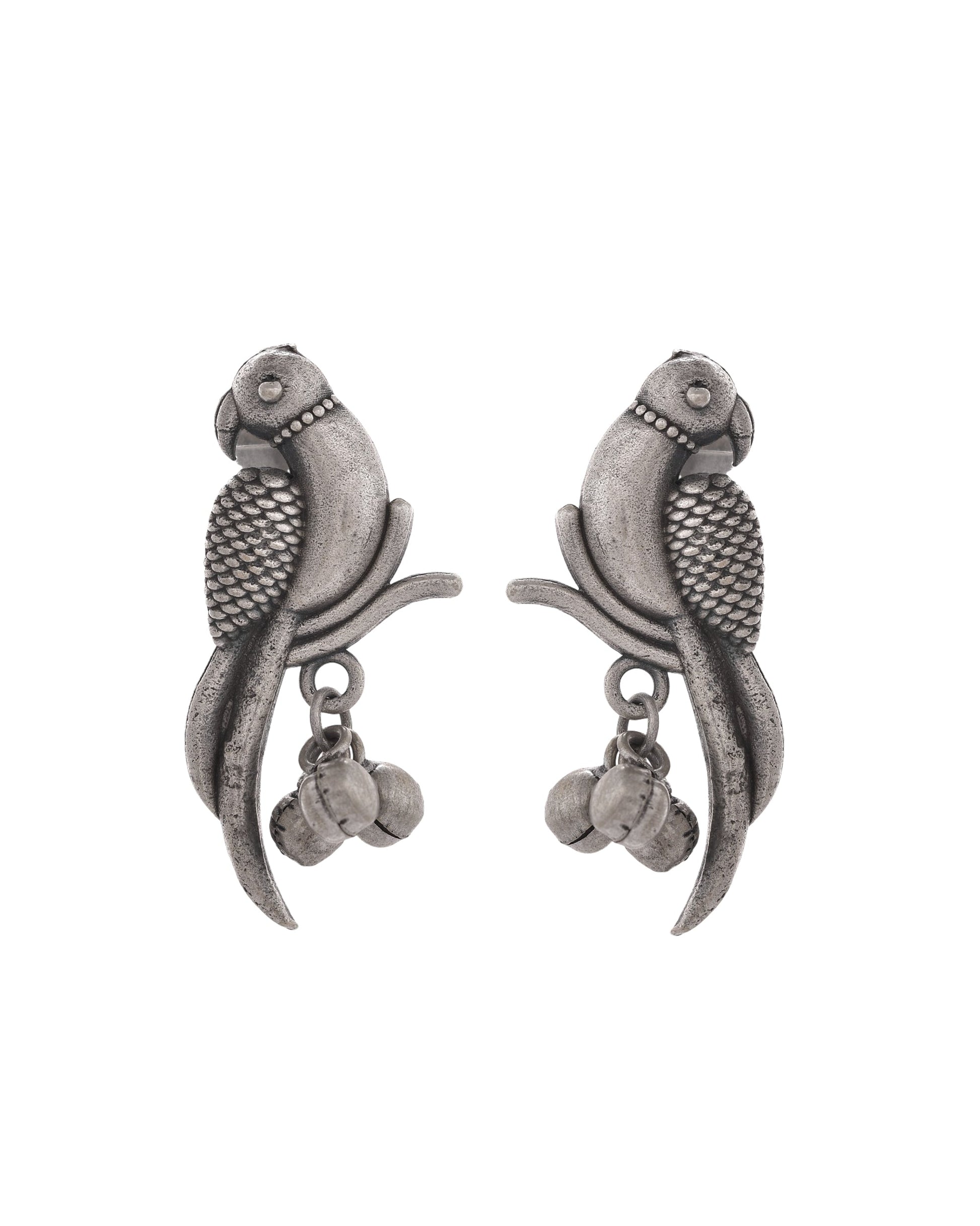 VOJ Silver Plated Oxidized Parrot Shaped Studs Earrings 