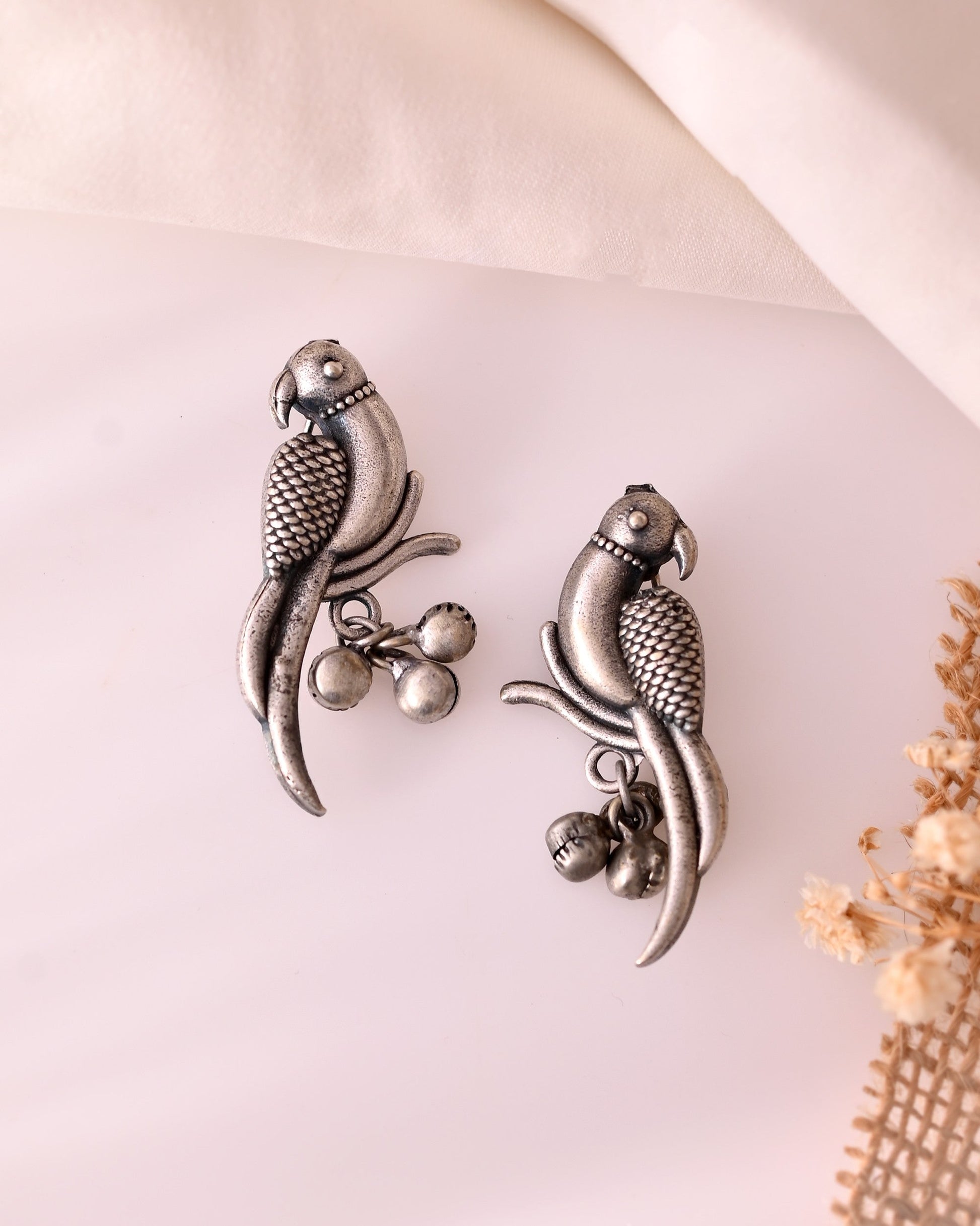 VOJ Silver Plated Oxidized Parrot Shaped Studs Earrings 