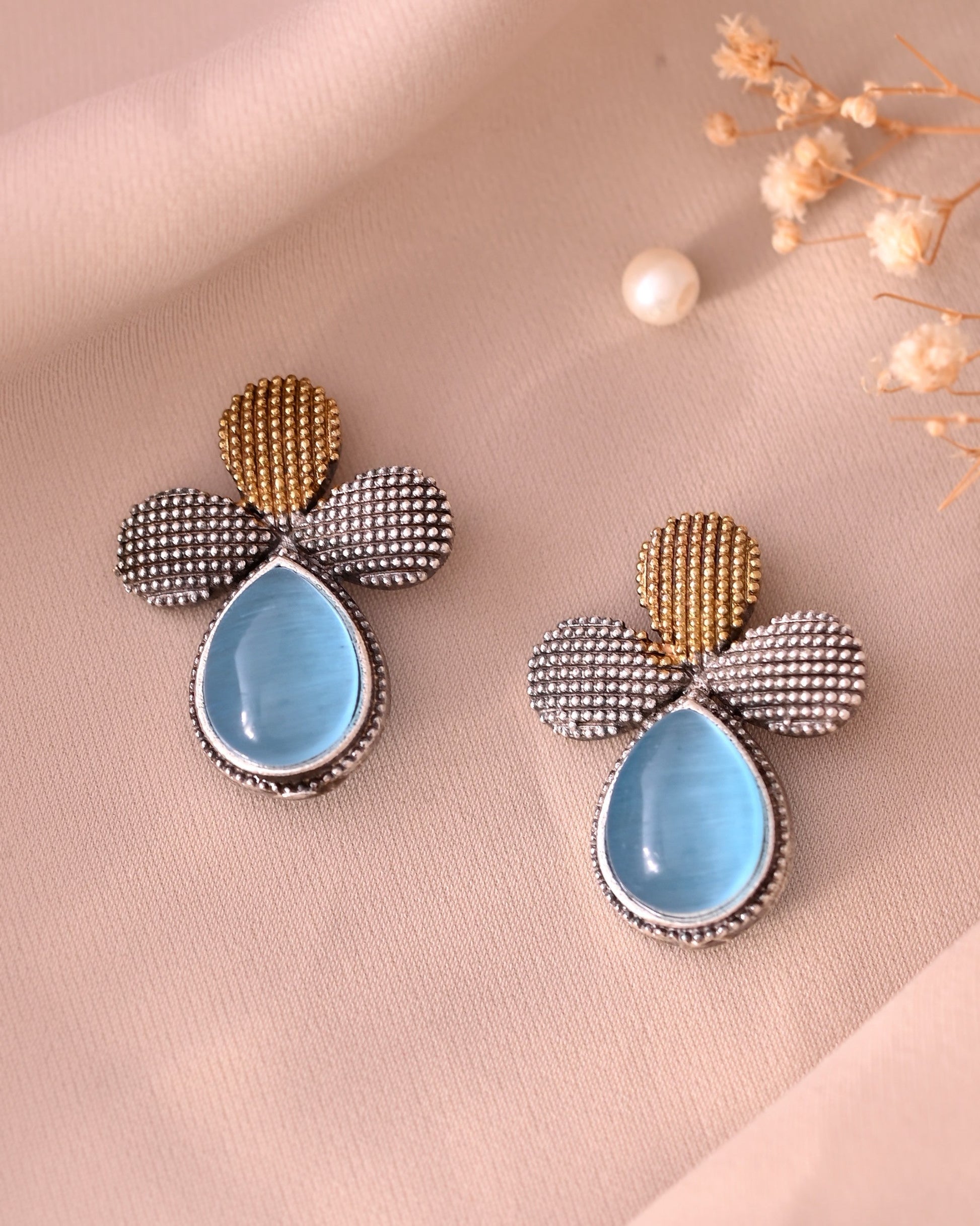 VOJ Silver Toned Blue Stone Studded Elegant Earrings 
