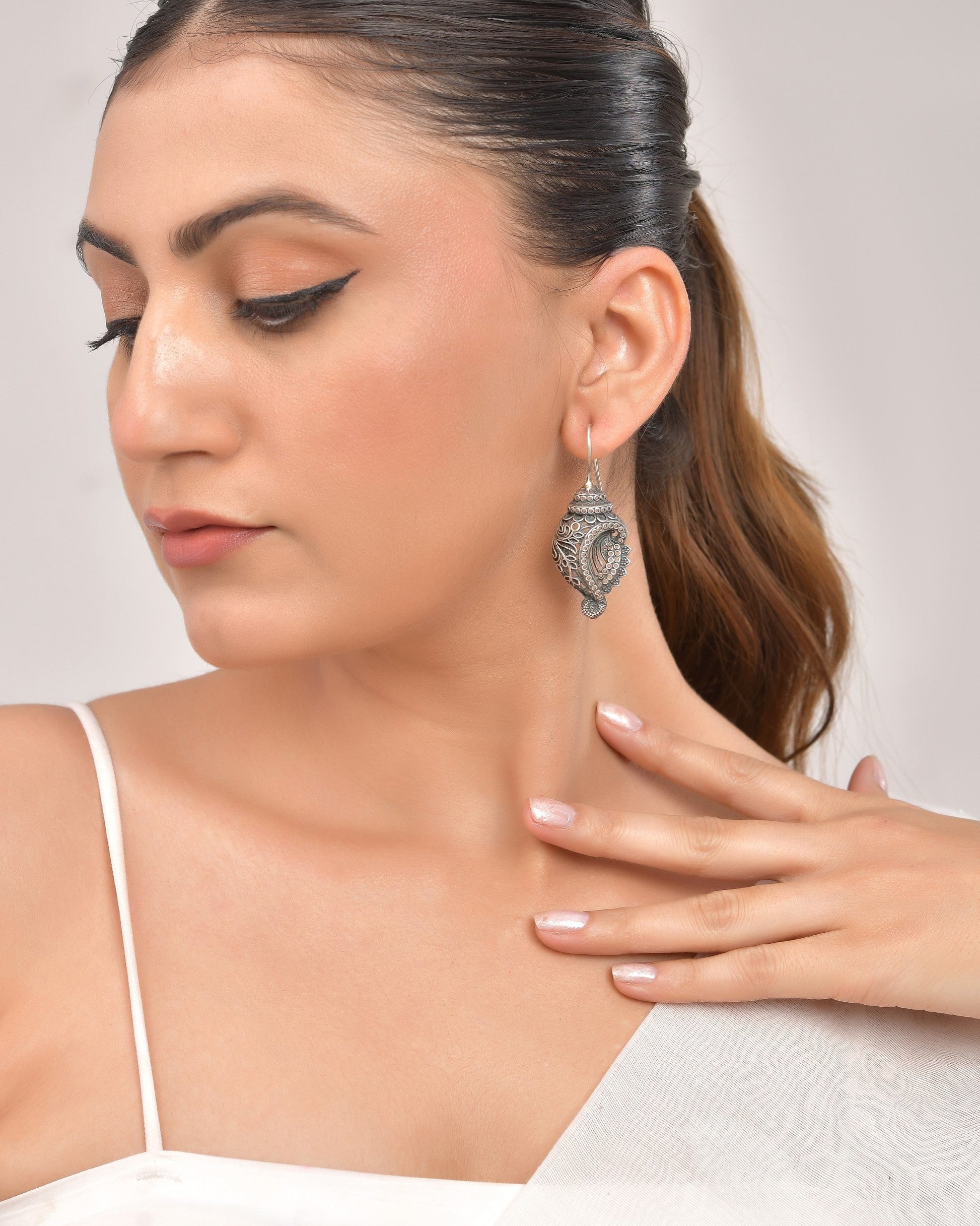VOJ Silver Toned Designer Drop Earrings 