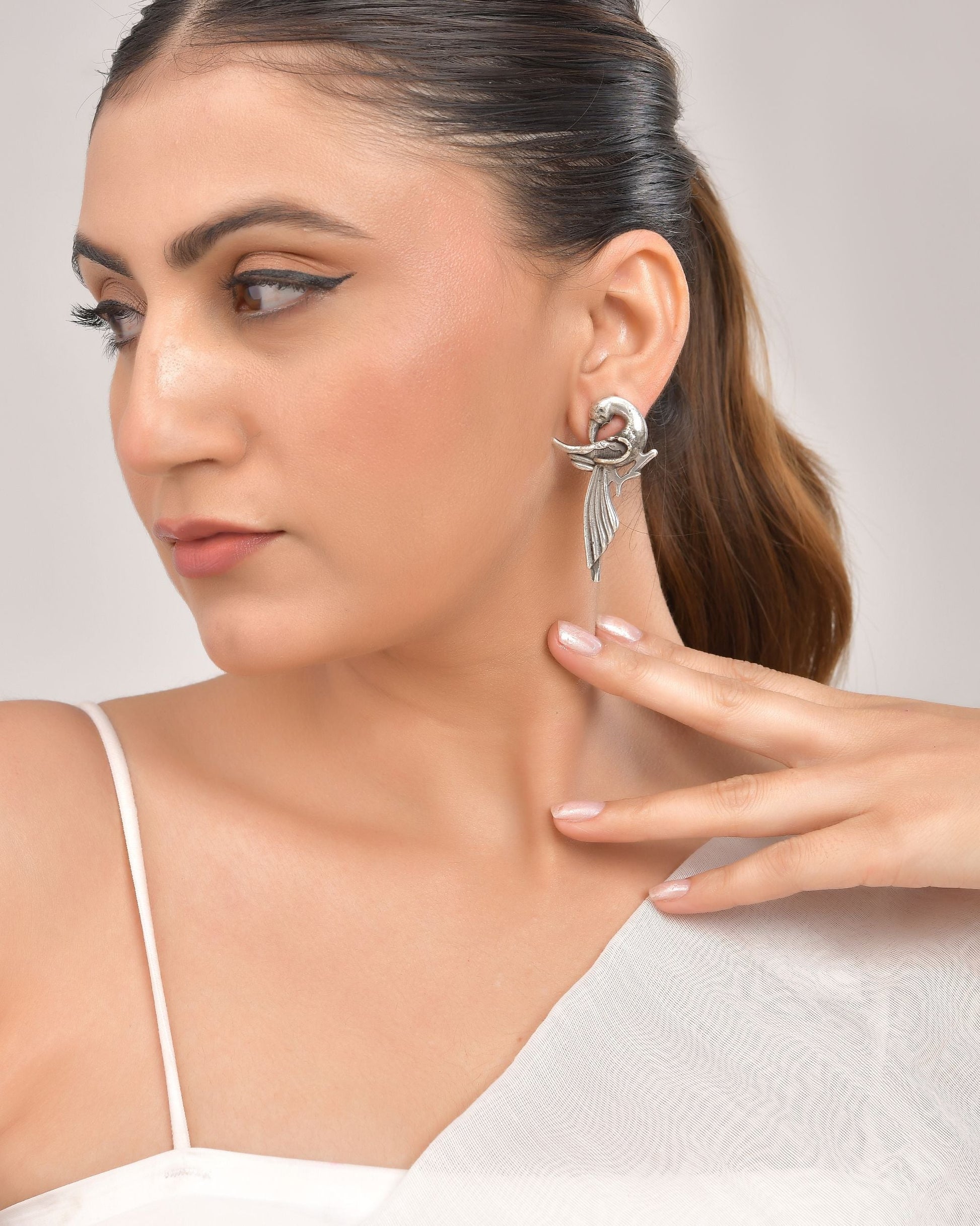 VOJ Silver Plated Bird Shaped Designer Studs Earrings 