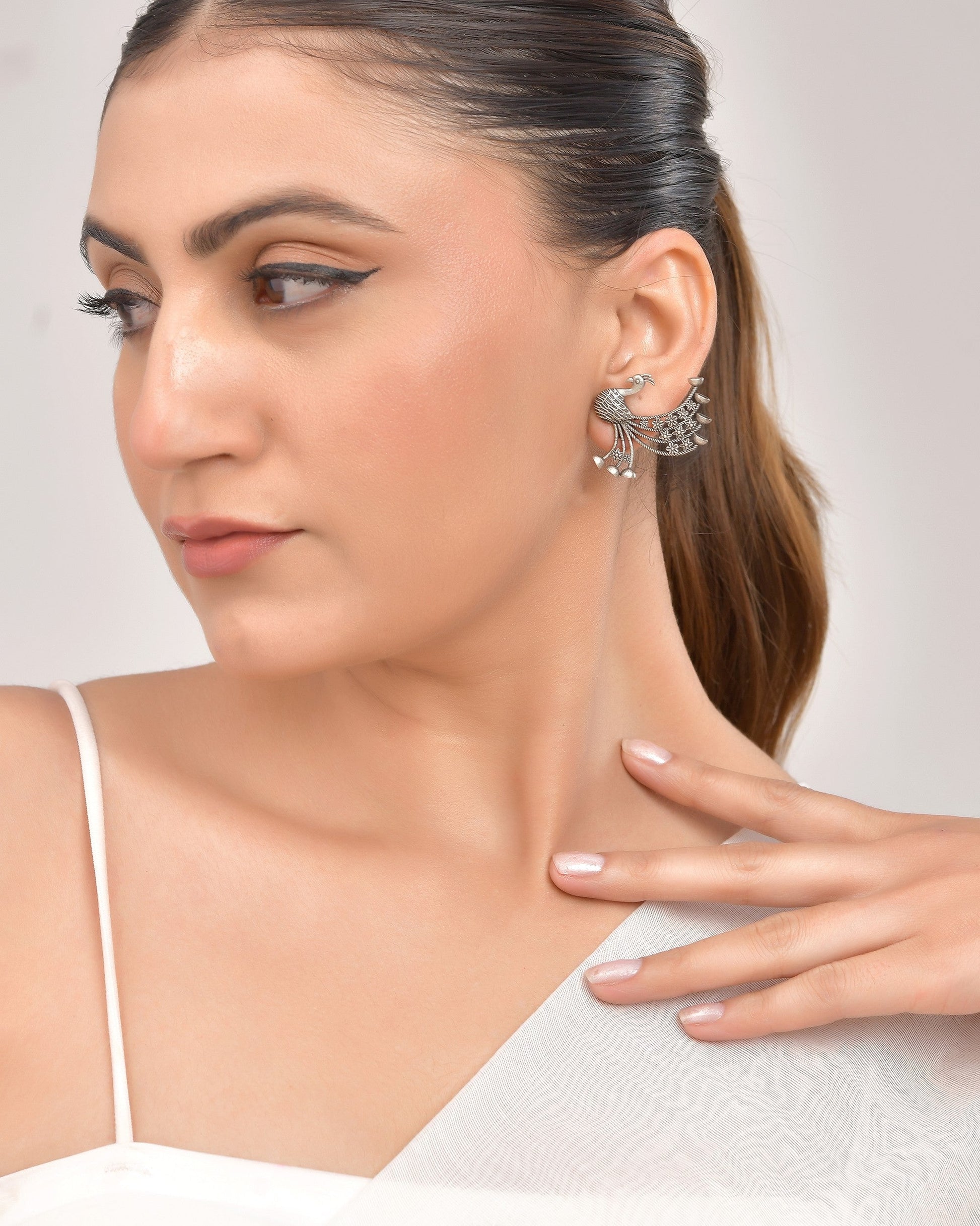 VOJ Silver Plated Dancing Peacock Shaped Studs Earrings 