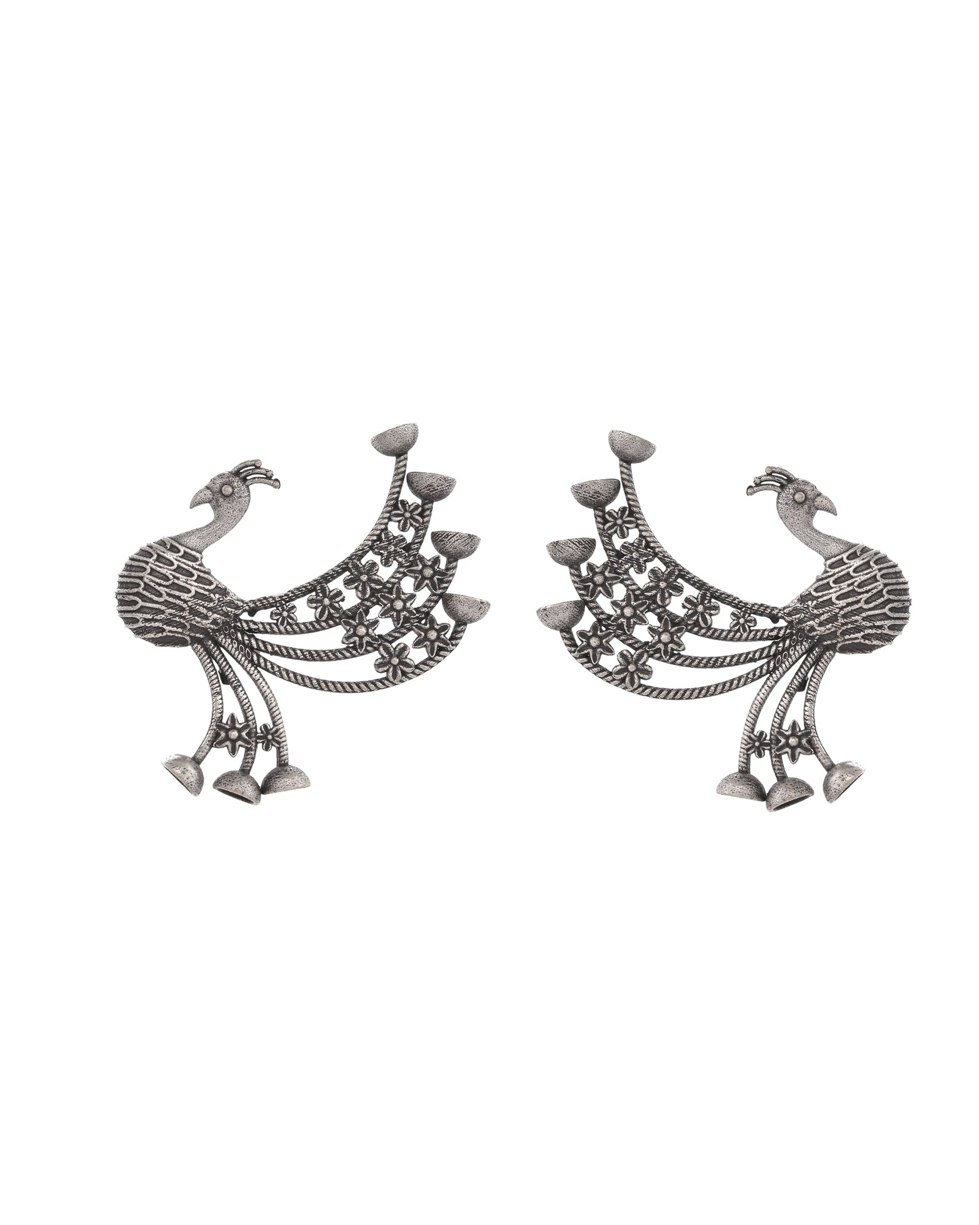 VOJ Silver Plated Dancing Peacock Shaped Studs Earrings 