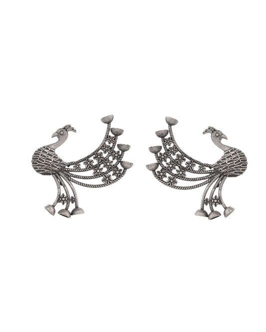 VOJ Silver Plated Dancing Peacock Shaped Studs Earrings 