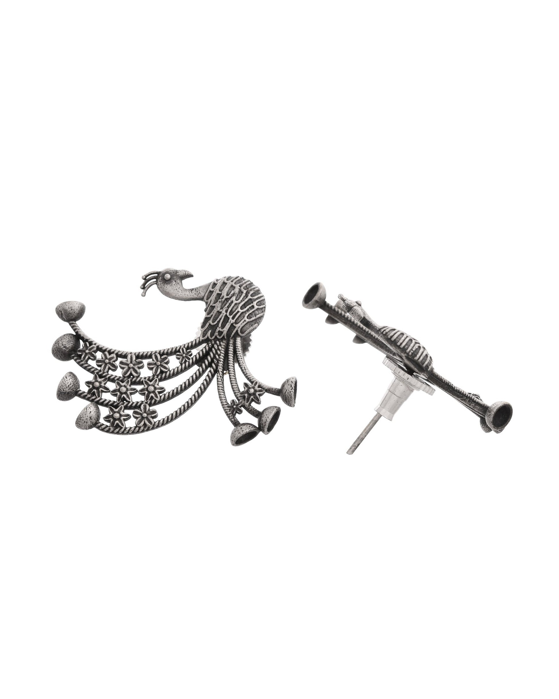 VOJ Silver Plated Dancing Peacock Shaped Studs Earrings 