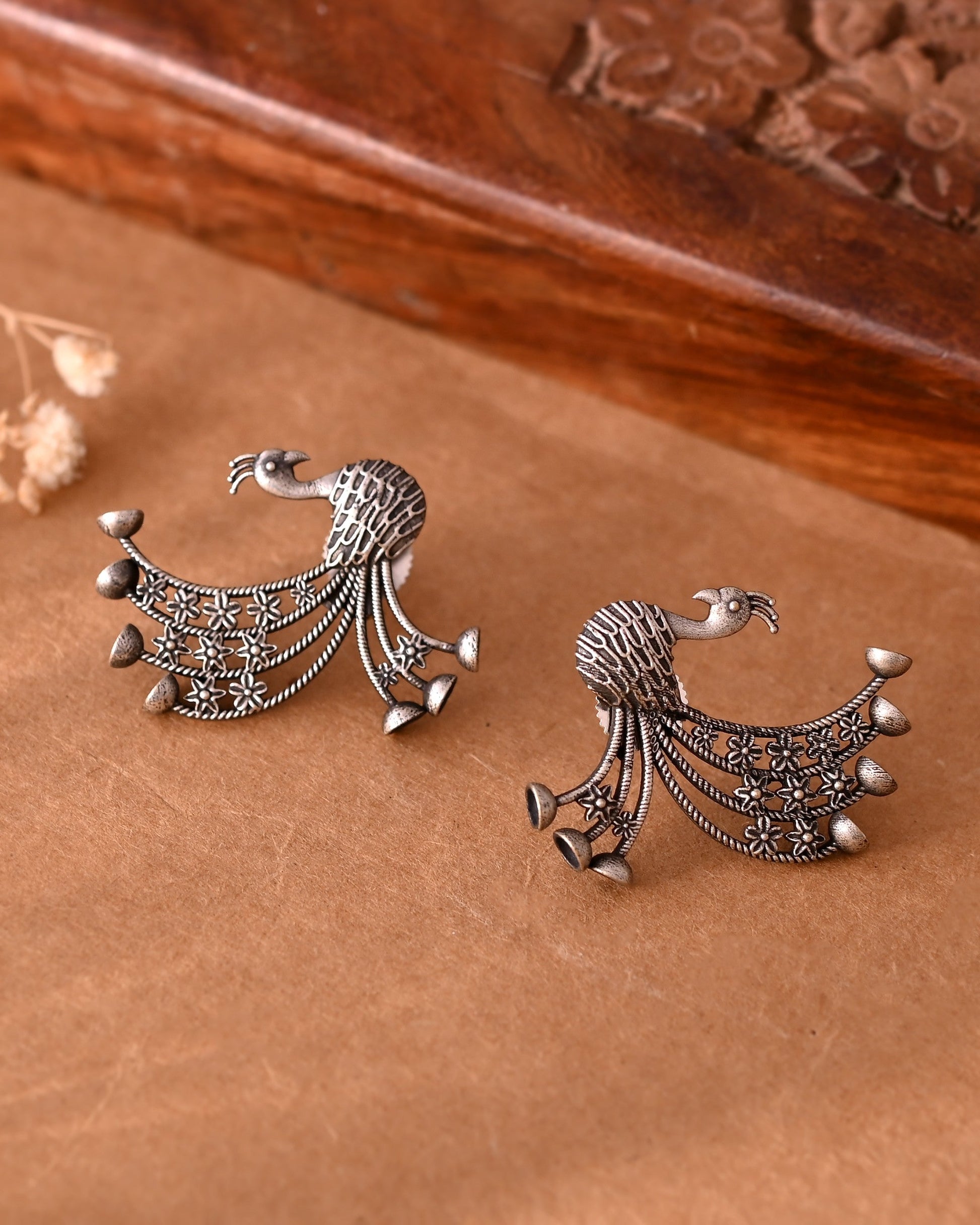 VOJ Silver Plated Dancing Peacock Shaped Studs Earrings 