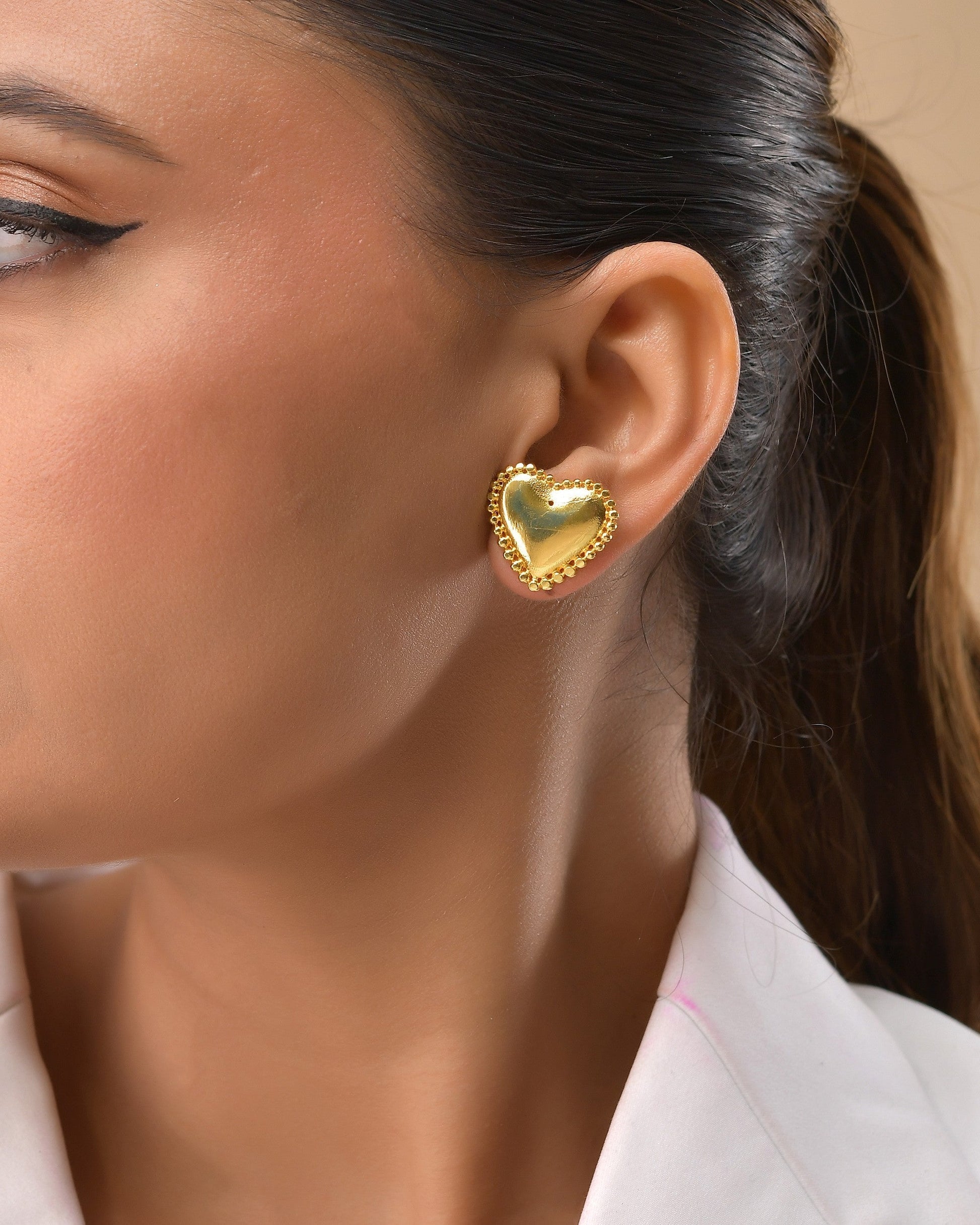 VOJ Gold Polished Heart Shaped Studs Earrings 