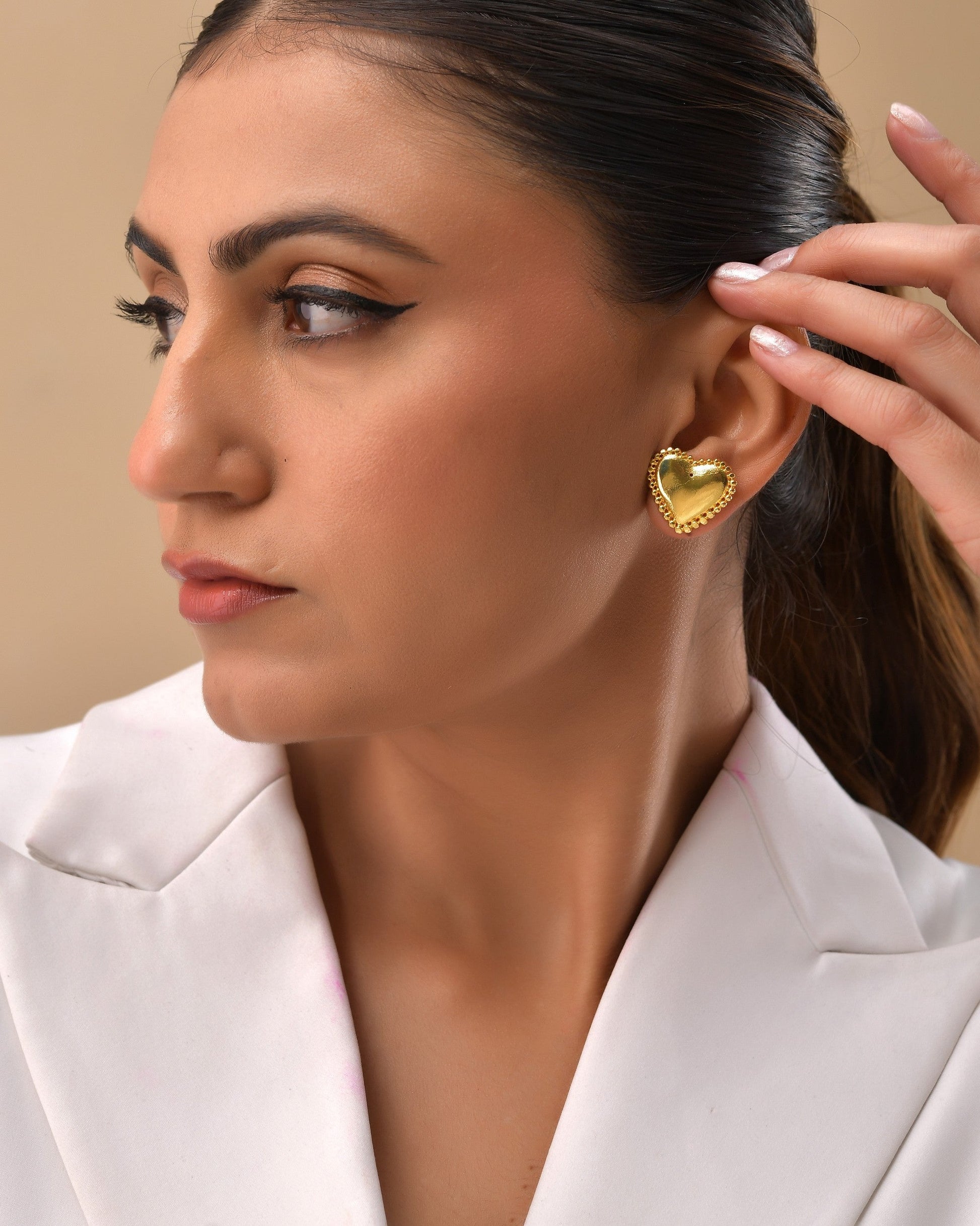 VOJ Gold Polished Heart Shaped Studs Earrings 