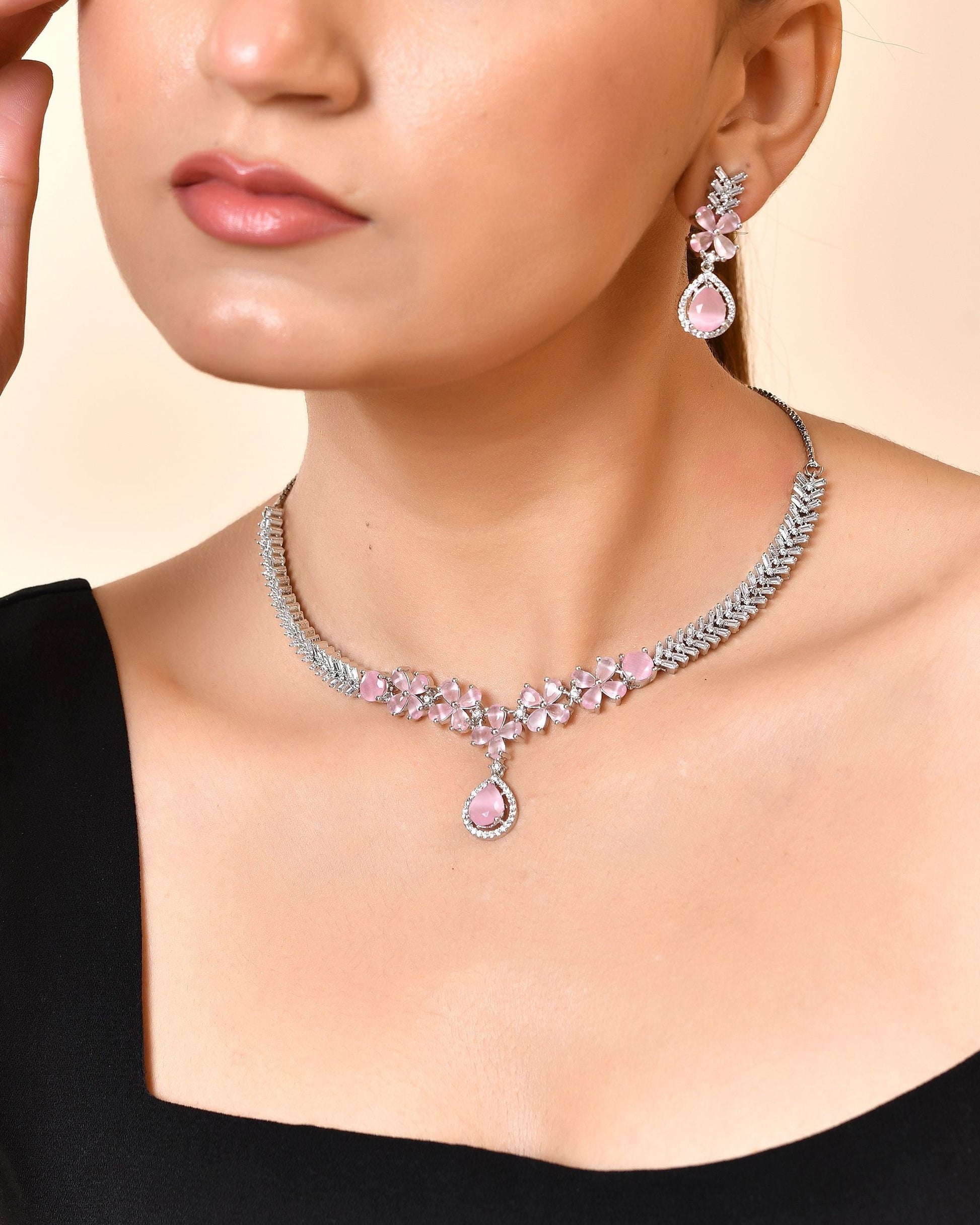 VOJ Silver Plated Baby Pink Floral Ad Jewellery Set  Grab2Buy VOJ Grab2Buy