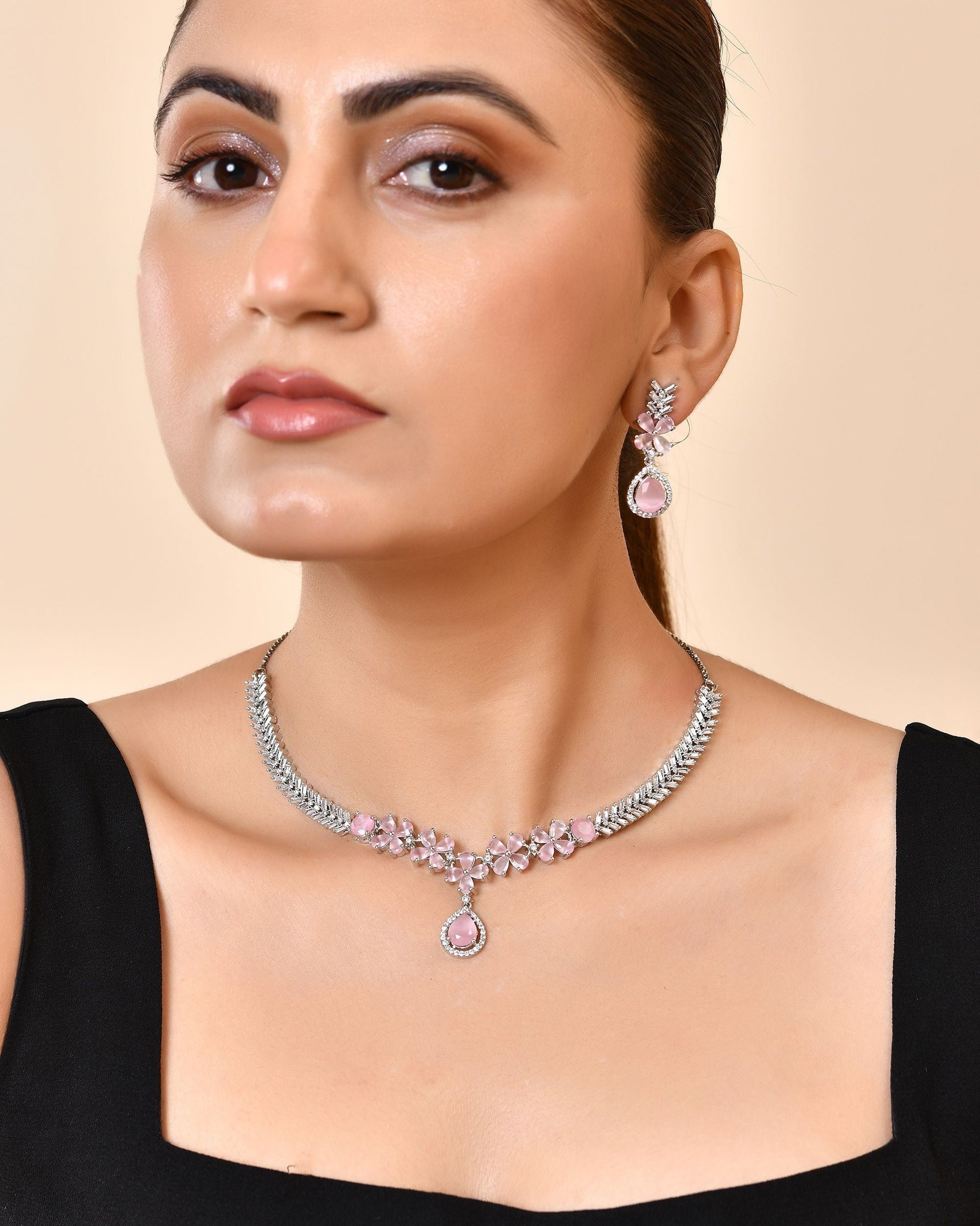 VOJ Silver Plated Baby Pink Floral Ad Jewellery Set  Grab2Buy VOJ Grab2Buy