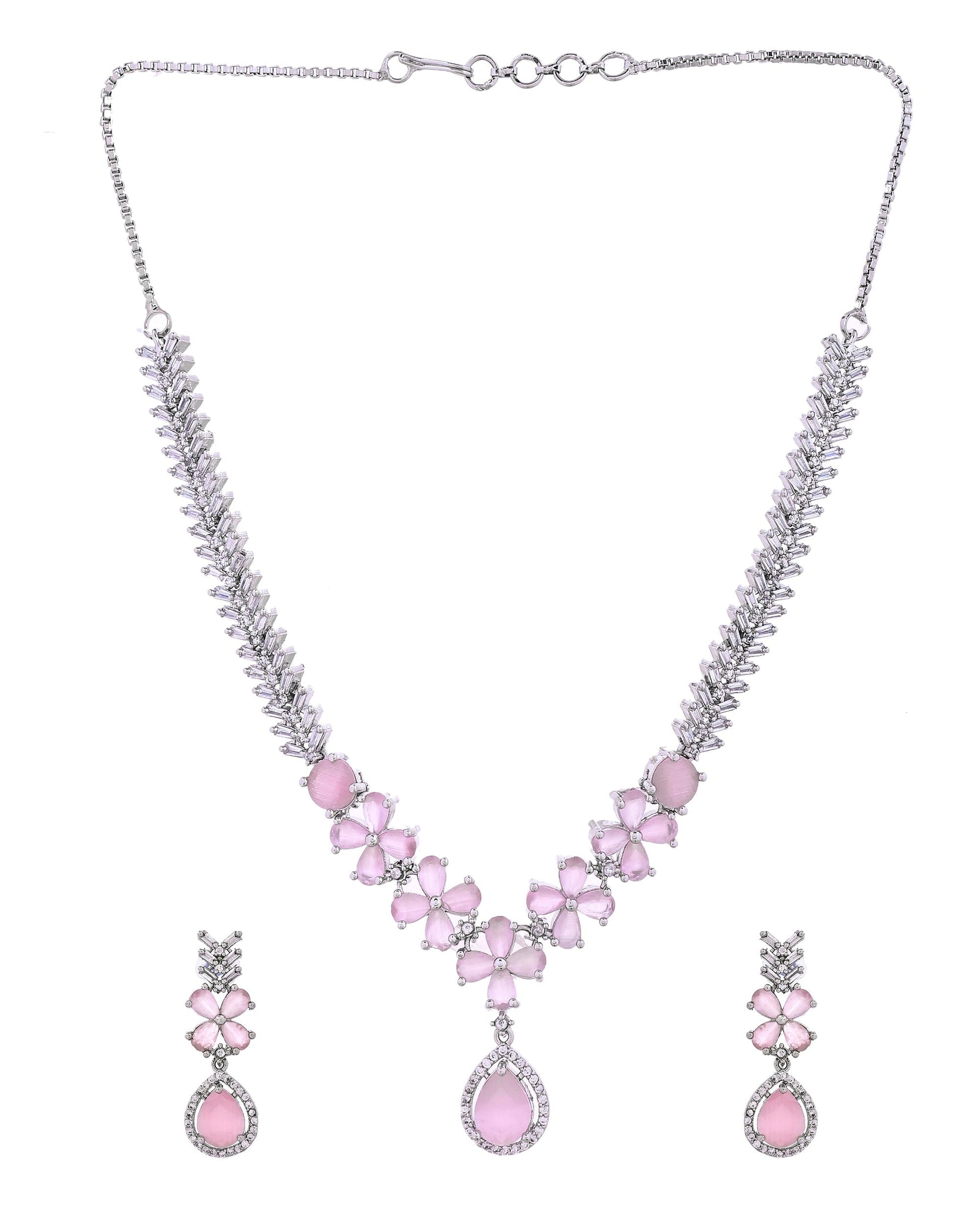 VOJ Silver Plated Baby Pink Floral Ad Jewellery Set  Grab2Buy VOJ Grab2Buy