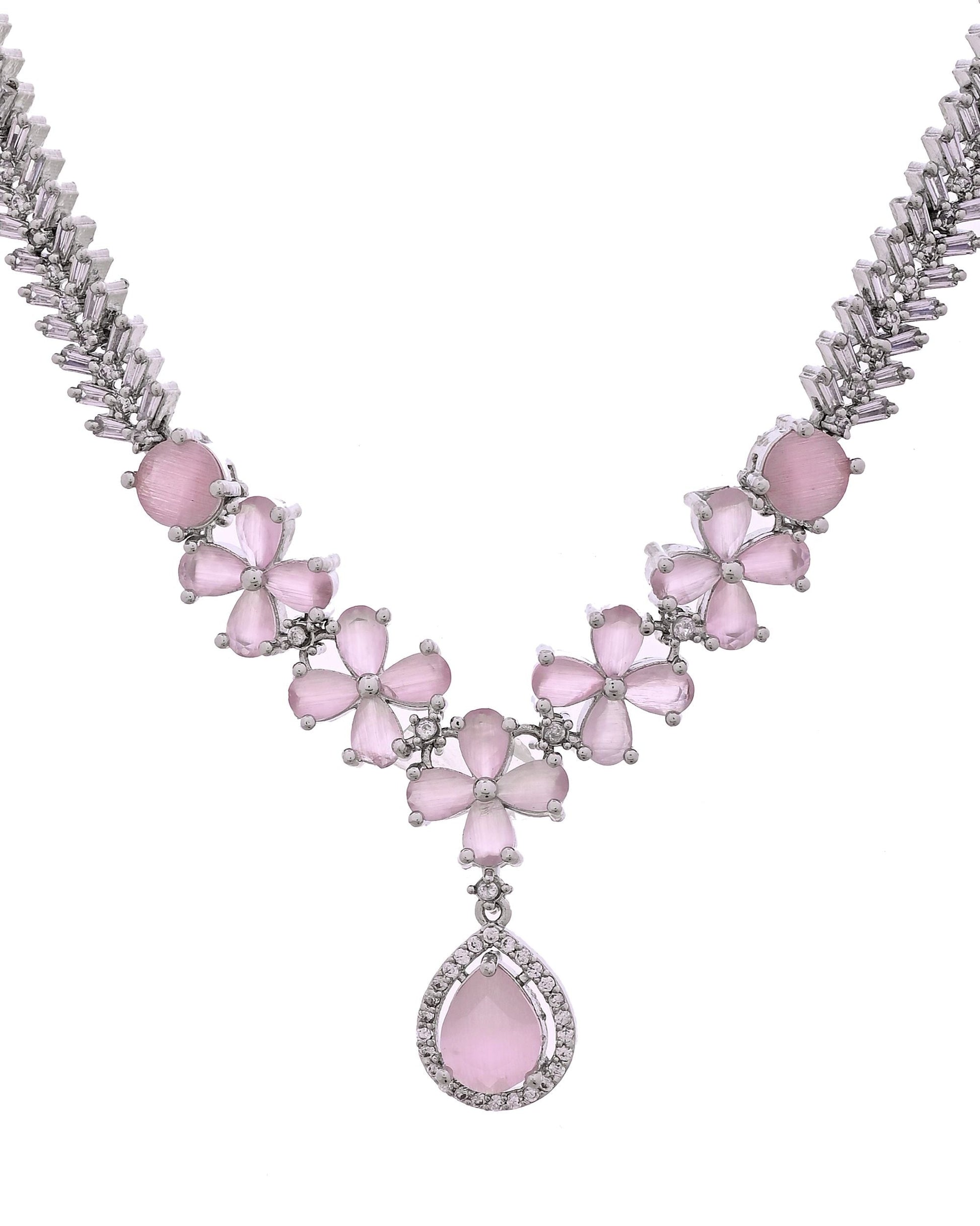 VOJ Silver Plated Baby Pink Floral Ad Jewellery Set  Grab2Buy VOJ Grab2Buy