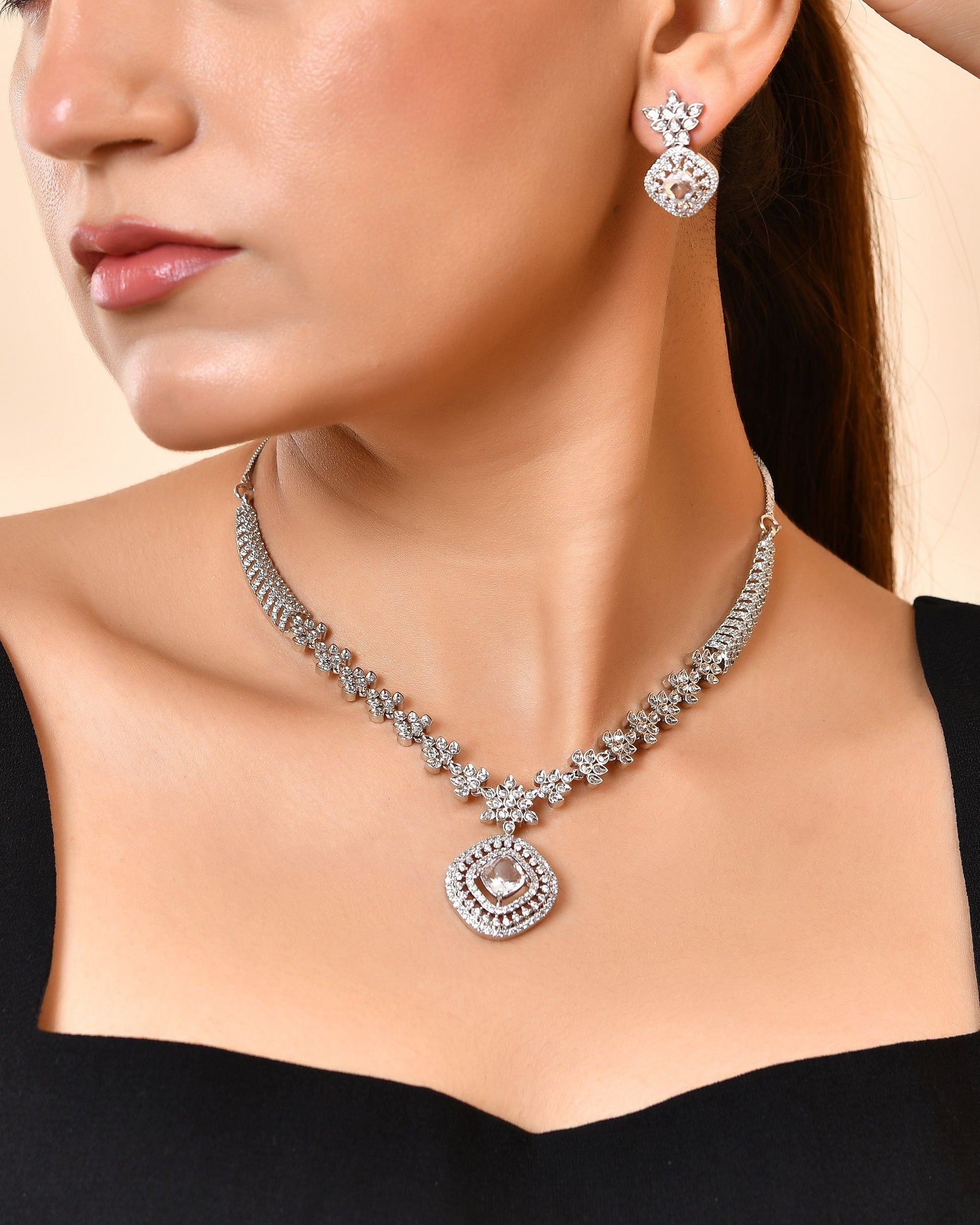 VOJ Silver Plated Square Stone Studded Jewellery Set  Grab2Buy VOJ Grab2Buy