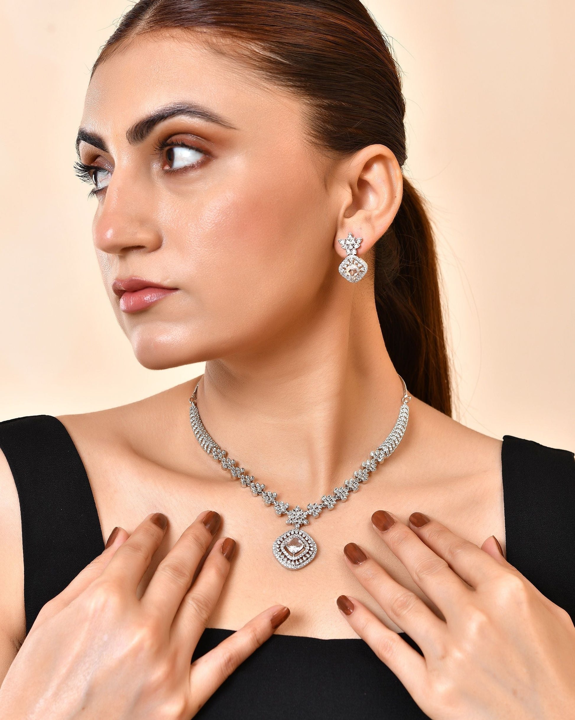 VOJ Silver Plated Square Stone Studded Jewellery Set  Grab2Buy VOJ Grab2Buy
