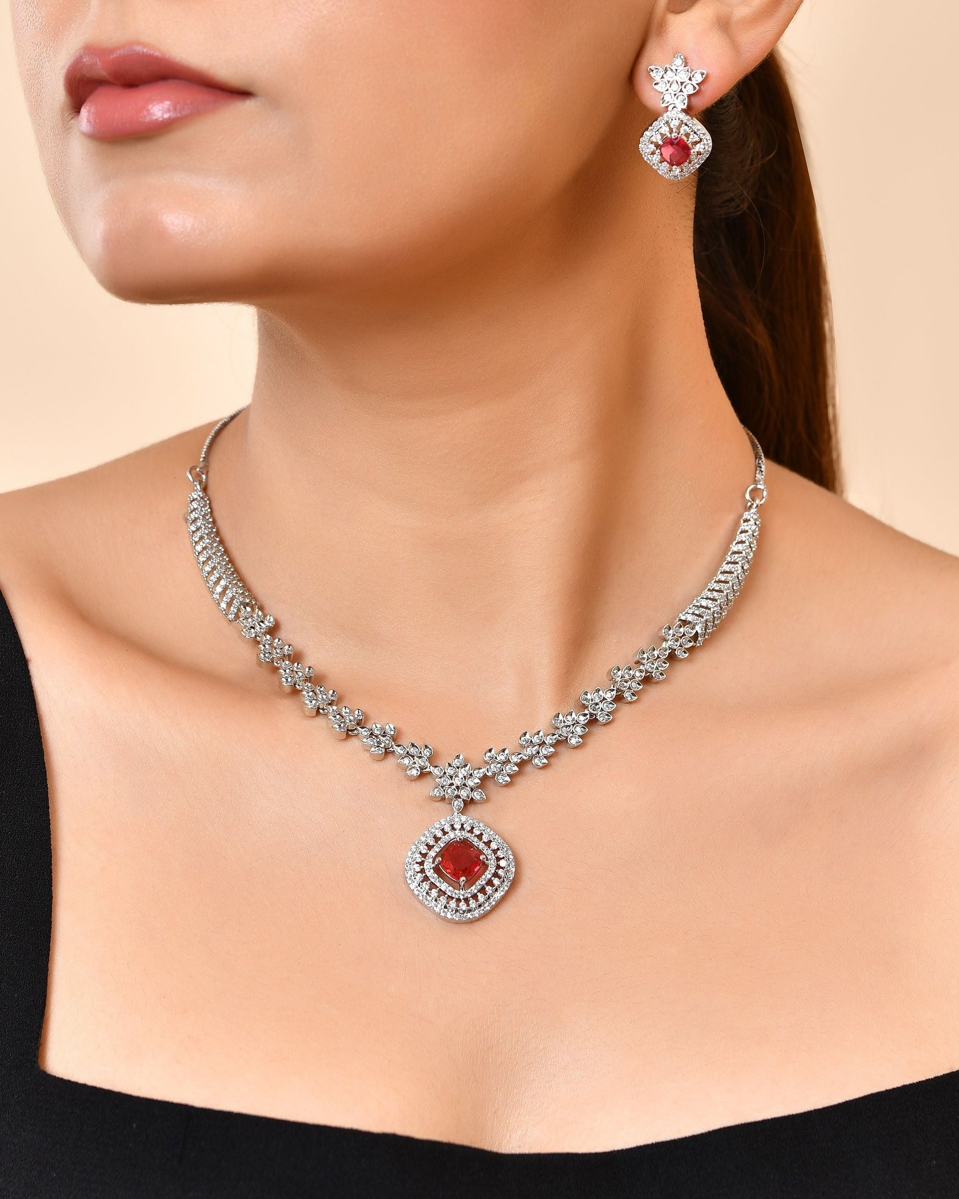 VOJ Silver Plated Ruby Square Stone Studded Jewellery Set  Grab2Buy VOJ Grab2Buy