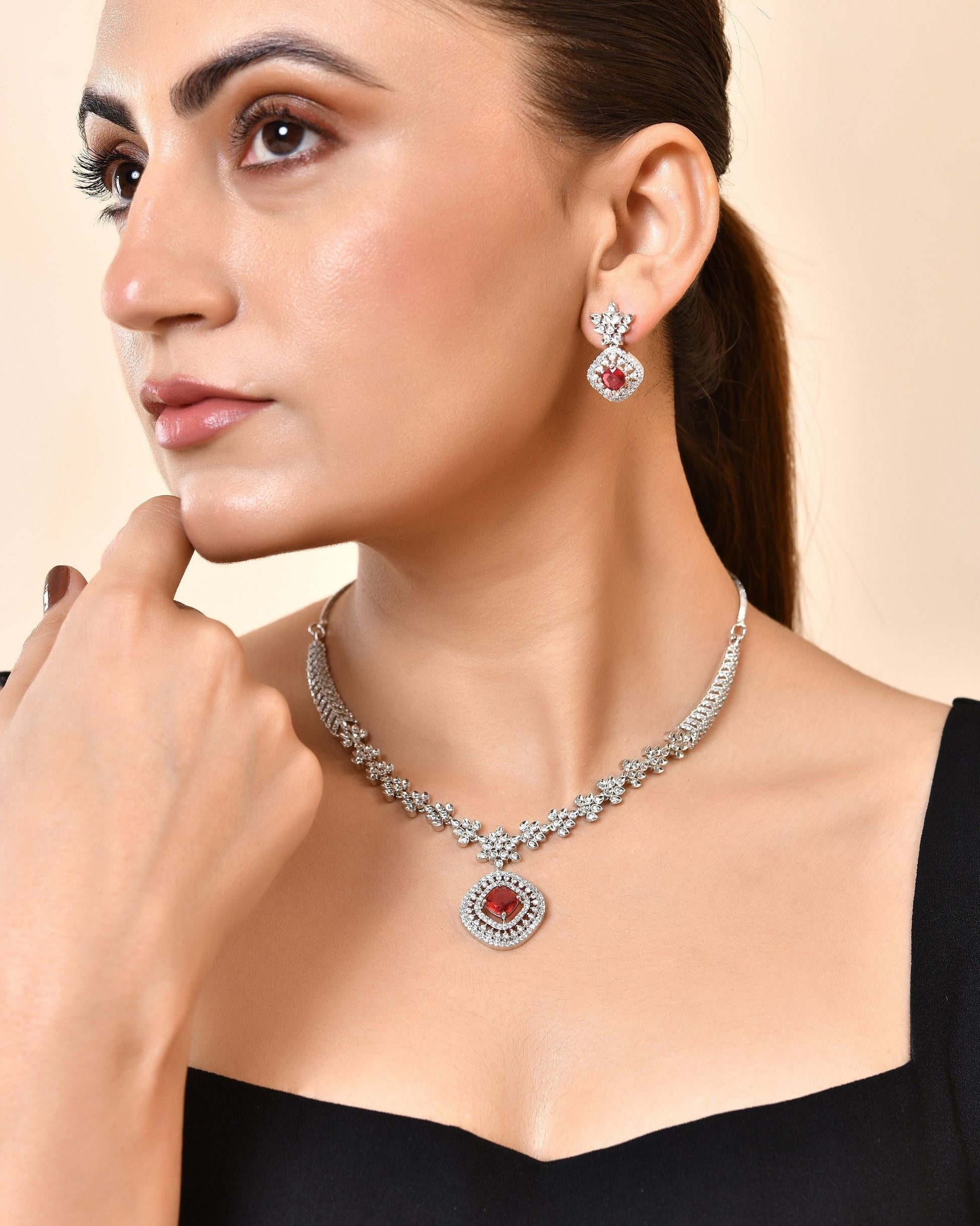 VOJ Silver Plated Ruby Square Stone Studded Jewellery Set  Grab2Buy VOJ Grab2Buy