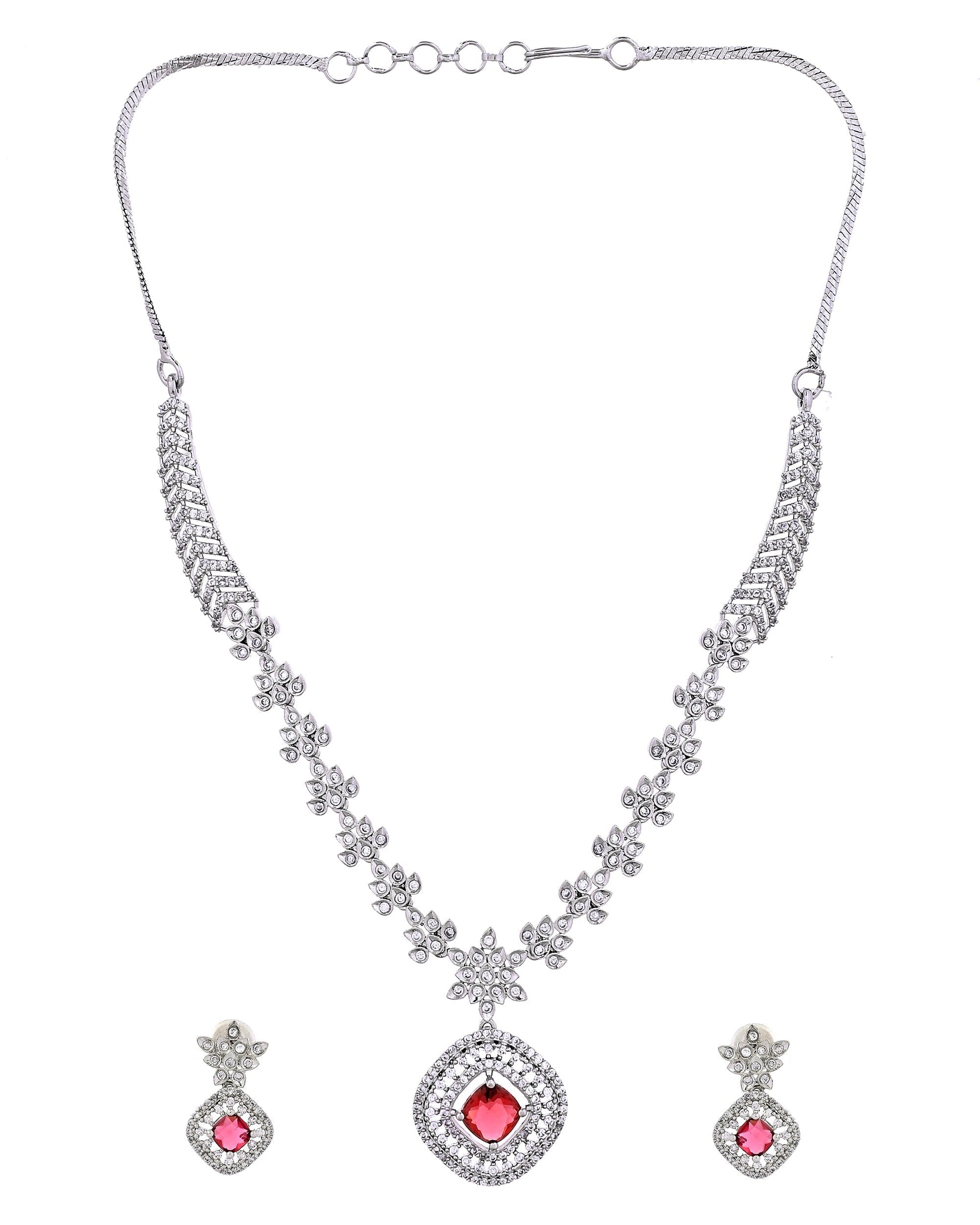 VOJ Silver Plated Ruby Square Stone Studded Jewellery Set  Grab2Buy VOJ Grab2Buy