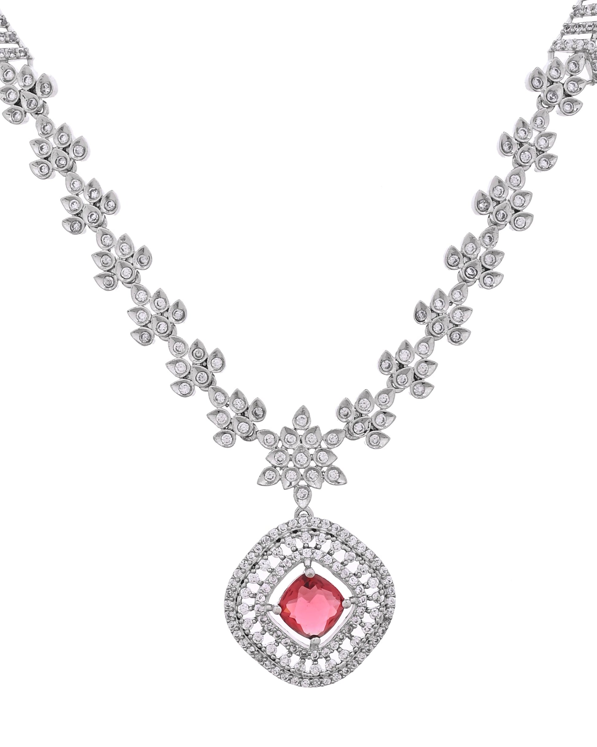 VOJ Silver Plated Ruby Square Stone Studded Jewellery Set  Grab2Buy VOJ Grab2Buy