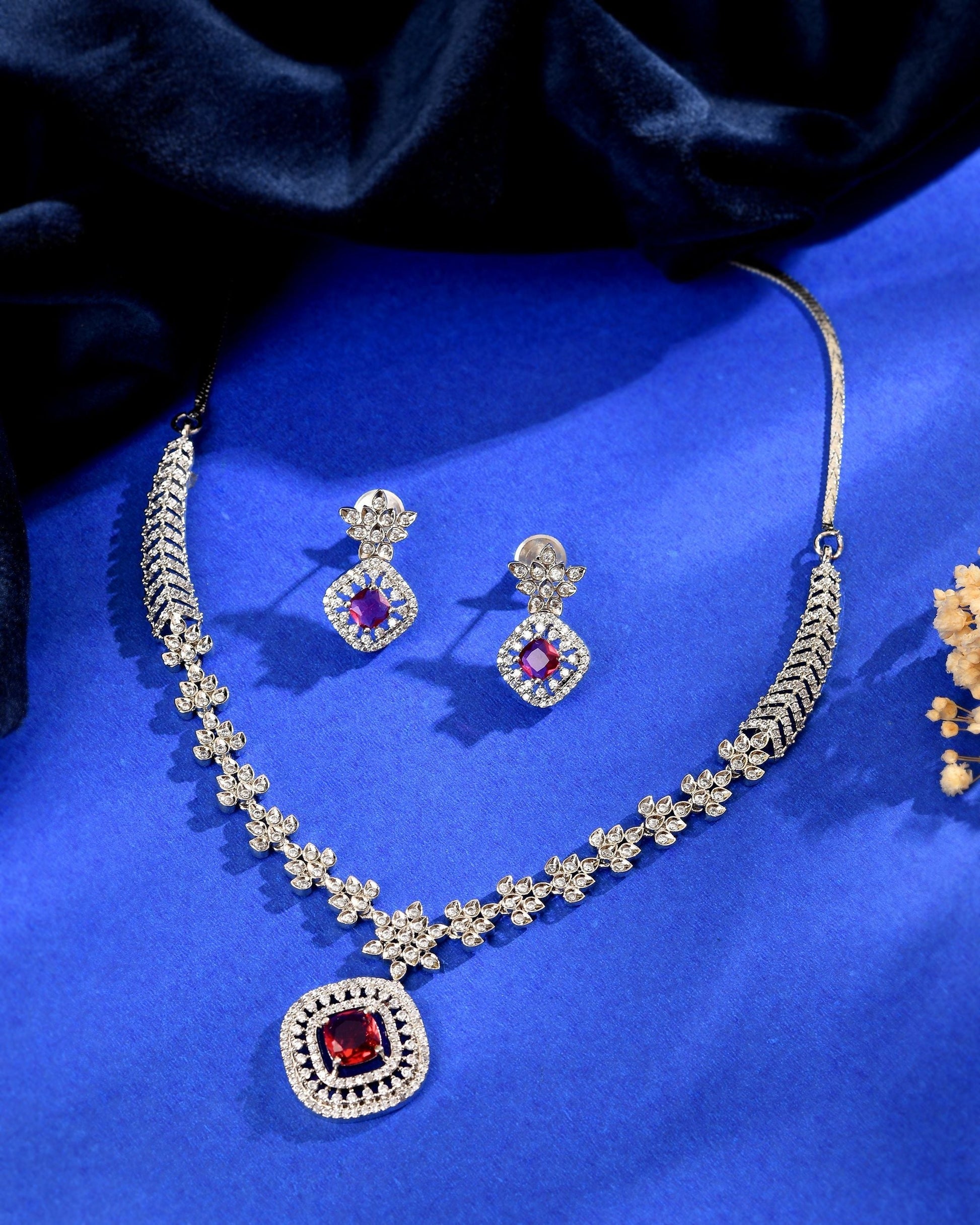 VOJ Silver Plated Ruby Square Stone Studded Jewellery Set  Grab2Buy VOJ Grab2Buy