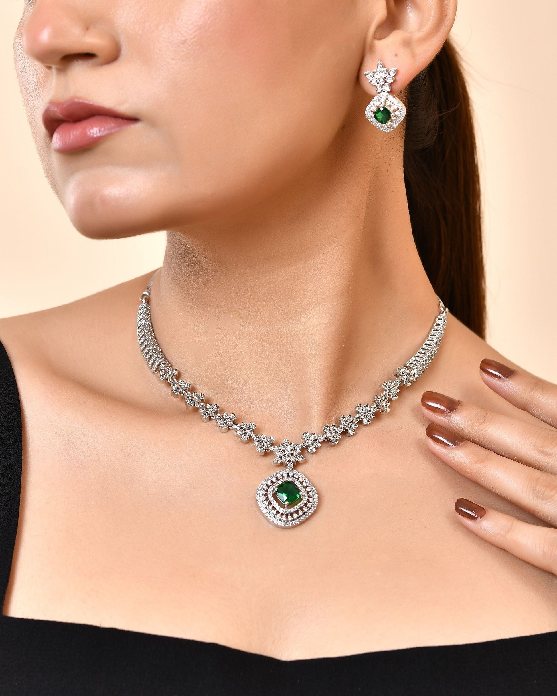 VOJ Silver Plated Green Square Stone Studded Jewellery Set  Grab2Buy VOJ Grab2Buy