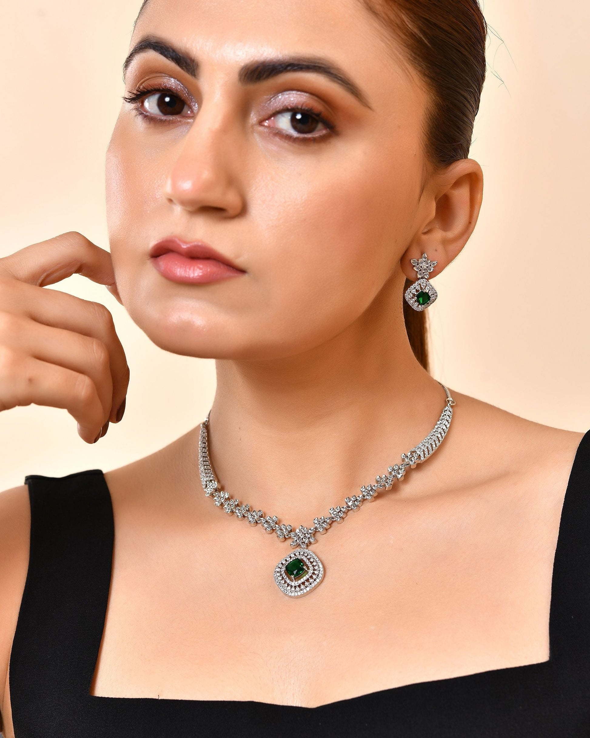 VOJ Silver Plated Green Square Stone Studded Jewellery Set  Grab2Buy VOJ Grab2Buy