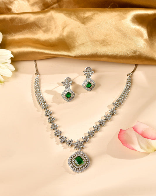 VOJ Silver Plated Green Square Stone Studded Jewellery Set  Grab2Buy VOJ Grab2Buy