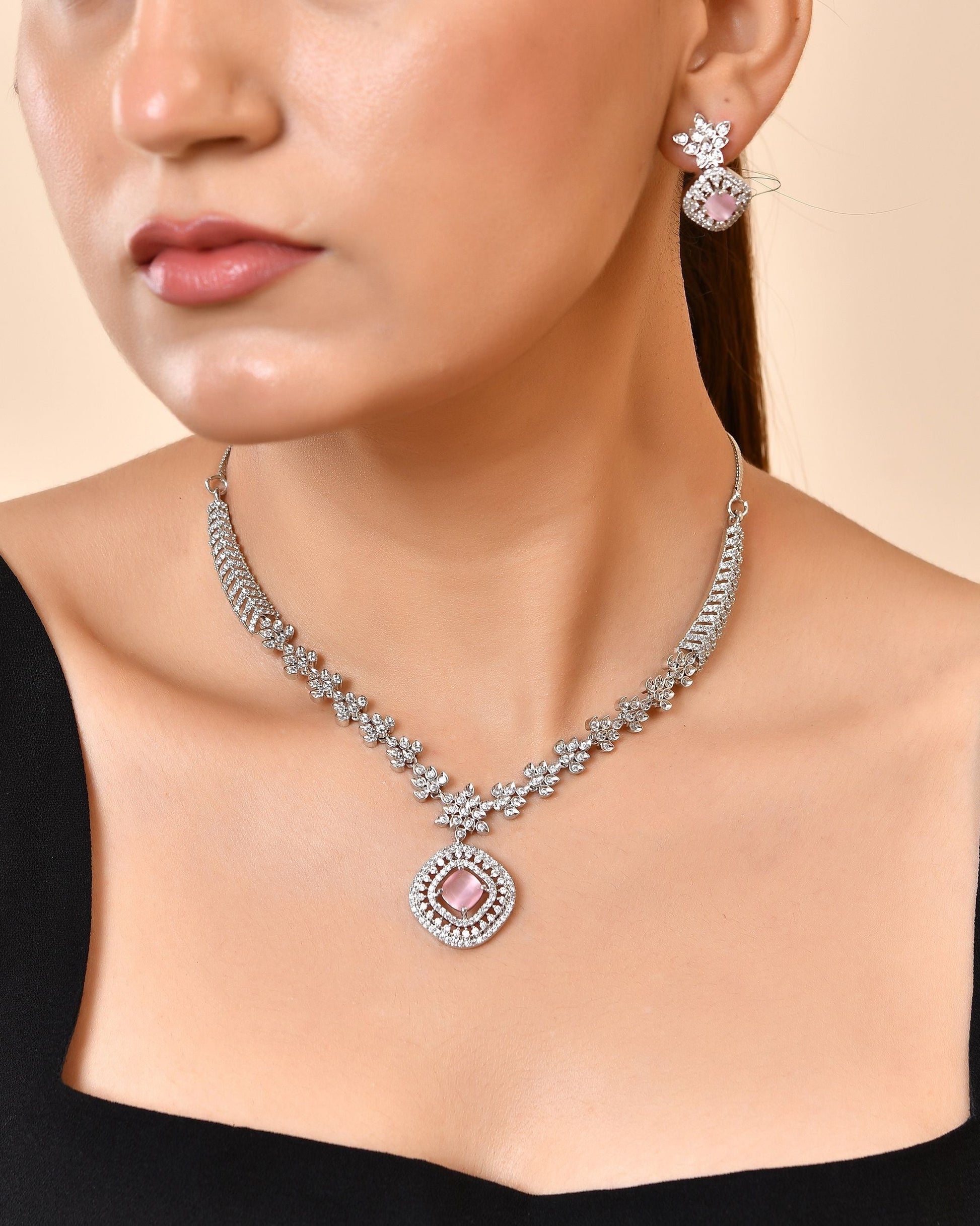 VOJ Silver Plated Baby Pink Square Stone Studded Jewellery Set  Grab2Buy VOJ Grab2Buy
