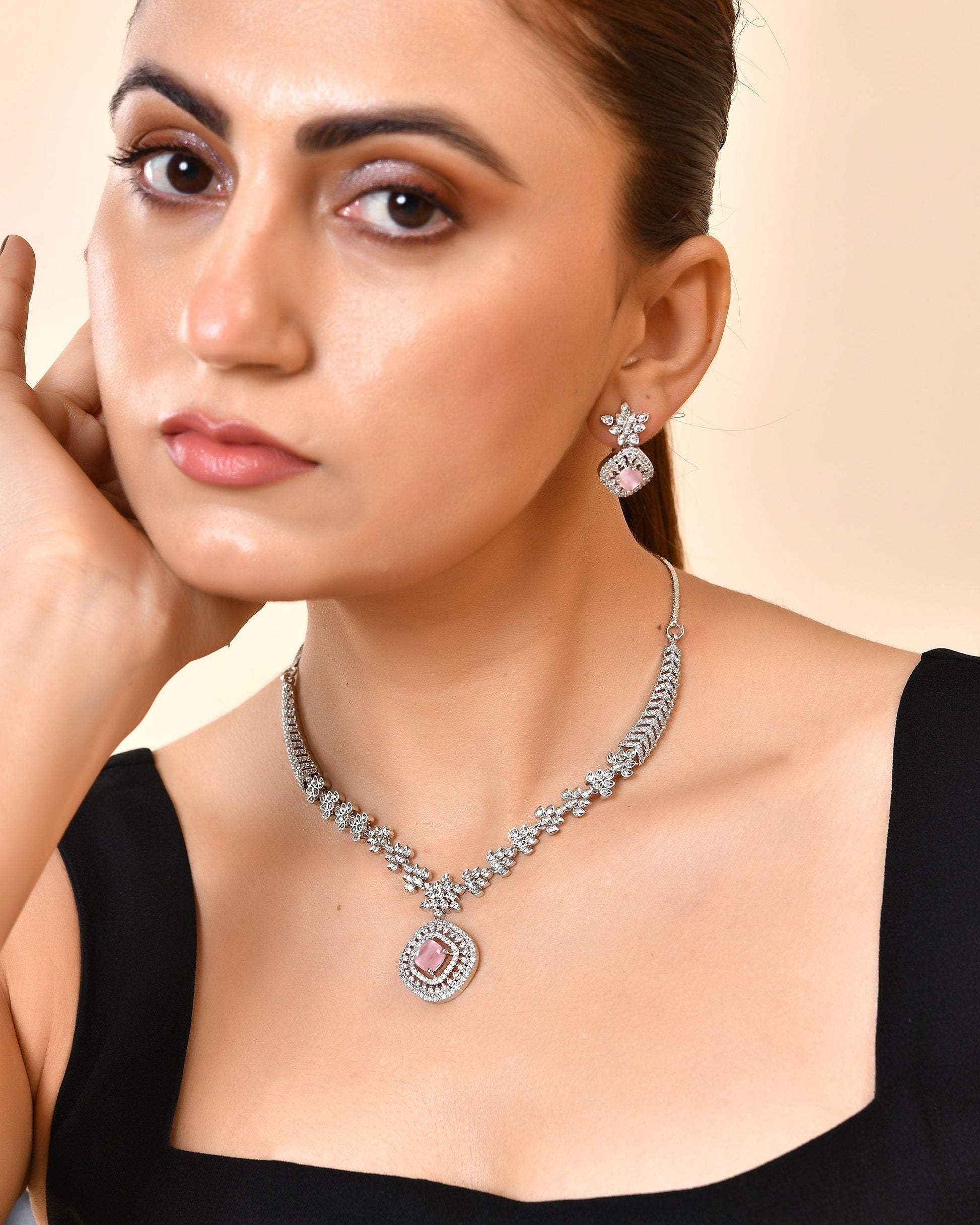 VOJ Silver Plated Baby Pink Square Stone Studded Jewellery Set  Grab2Buy VOJ Grab2Buy