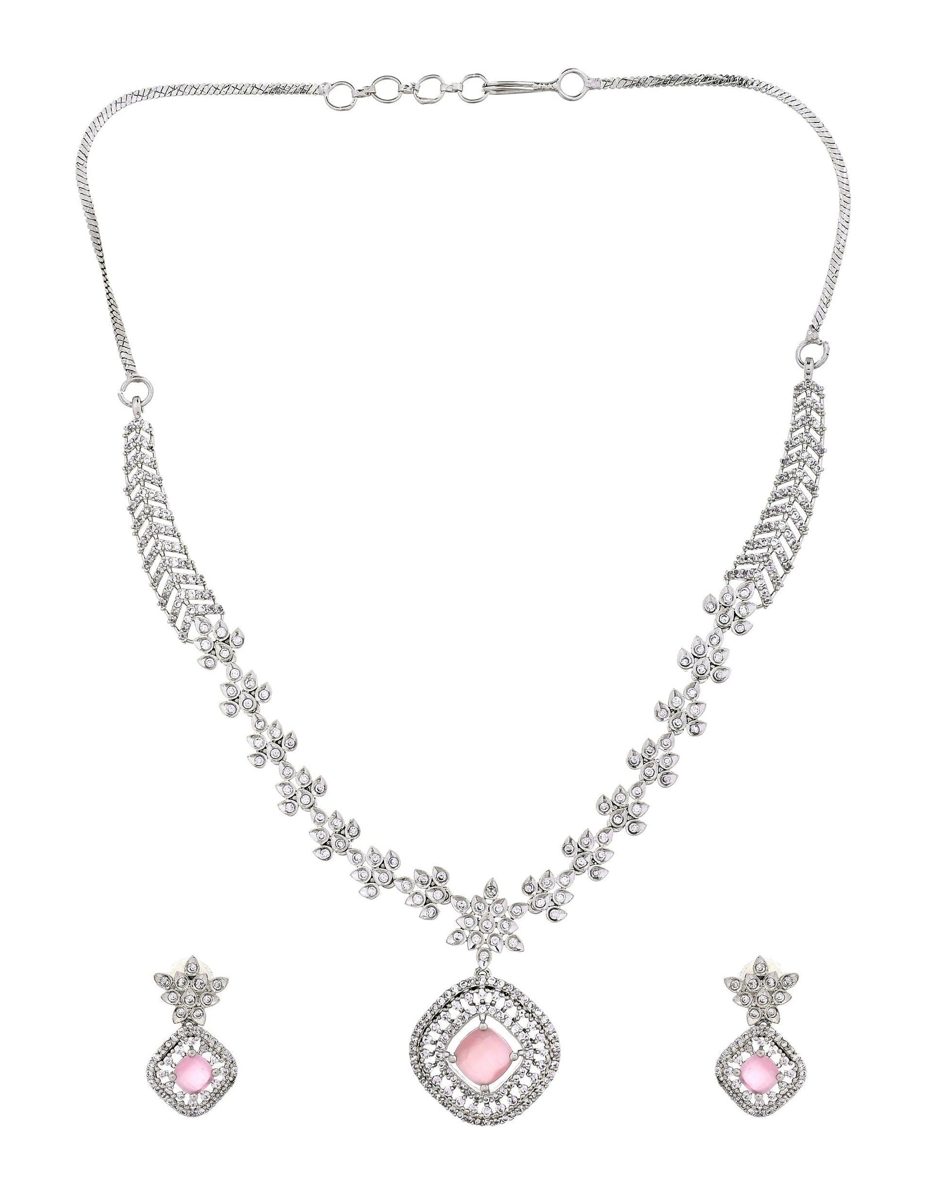 VOJ Silver Plated Baby Pink Square Stone Studded Jewellery Set  Grab2Buy VOJ Grab2Buy