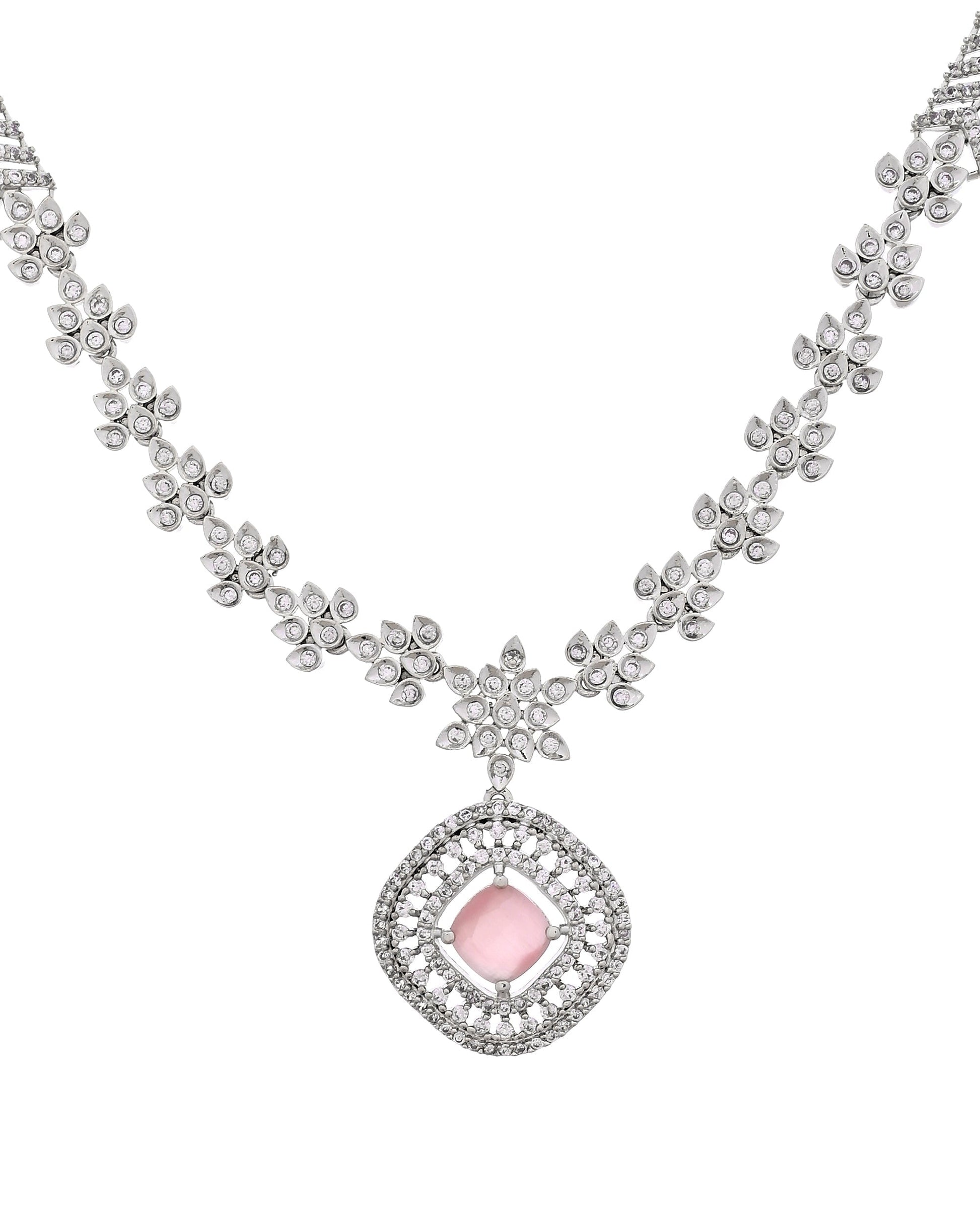 VOJ Silver Plated Baby Pink Square Stone Studded Jewellery Set  Grab2Buy VOJ Grab2Buy