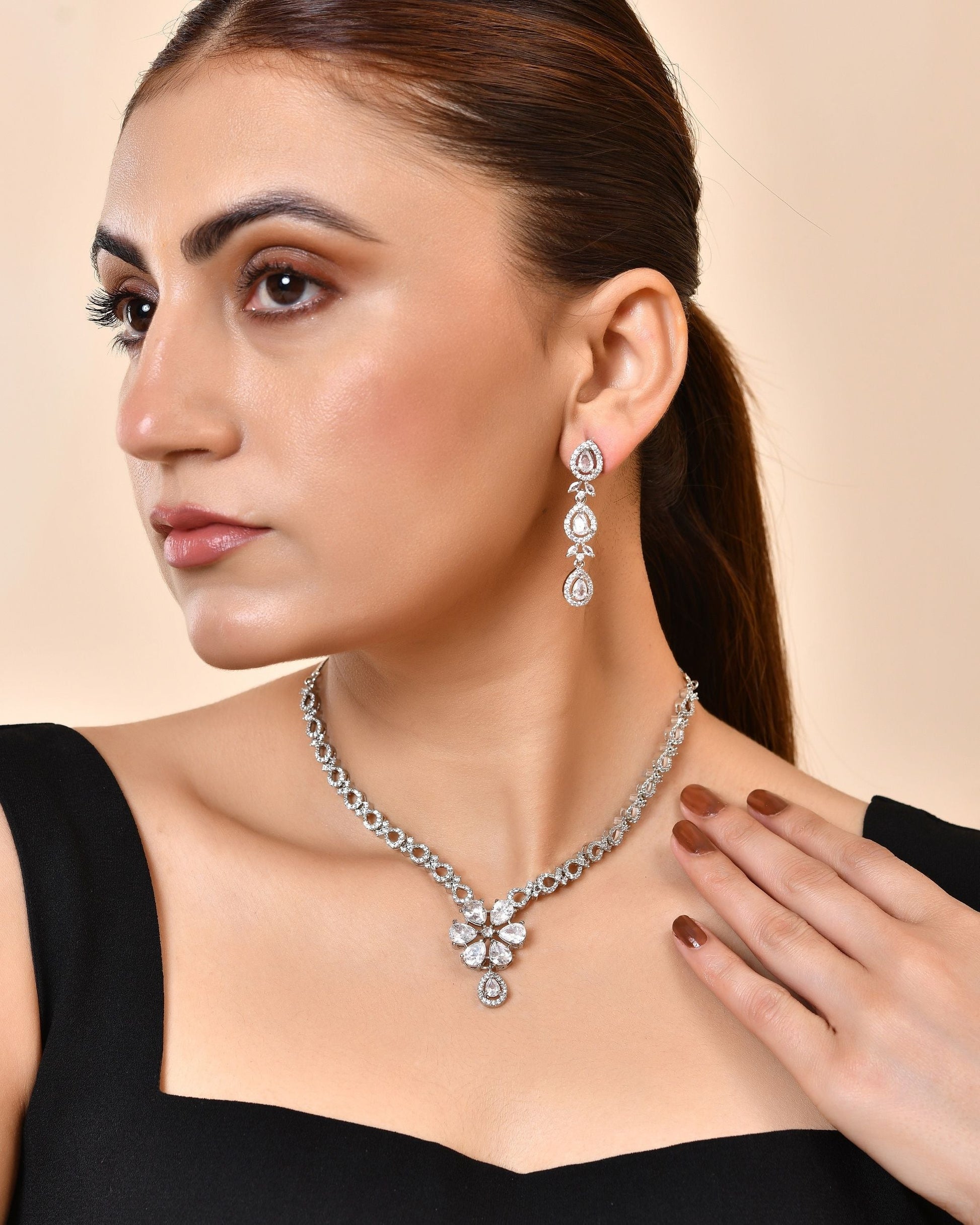 VOJ Silver Plated Ad Stone Studded Floral Jewellery Set  Grab2Buy VOJ Grab2Buy