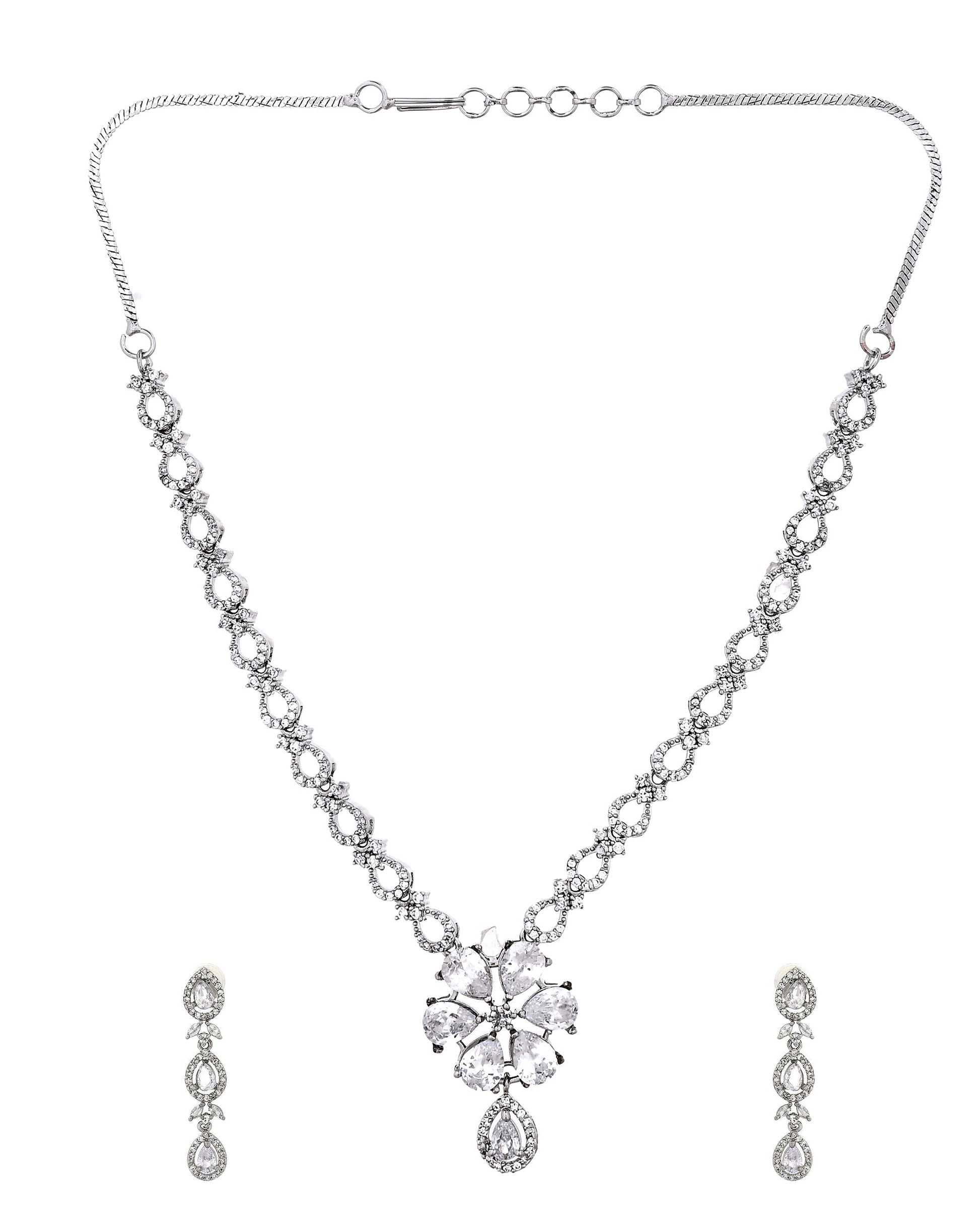 VOJ Silver Plated Ad Stone Studded Floral Jewellery Set  Grab2Buy VOJ Grab2Buy