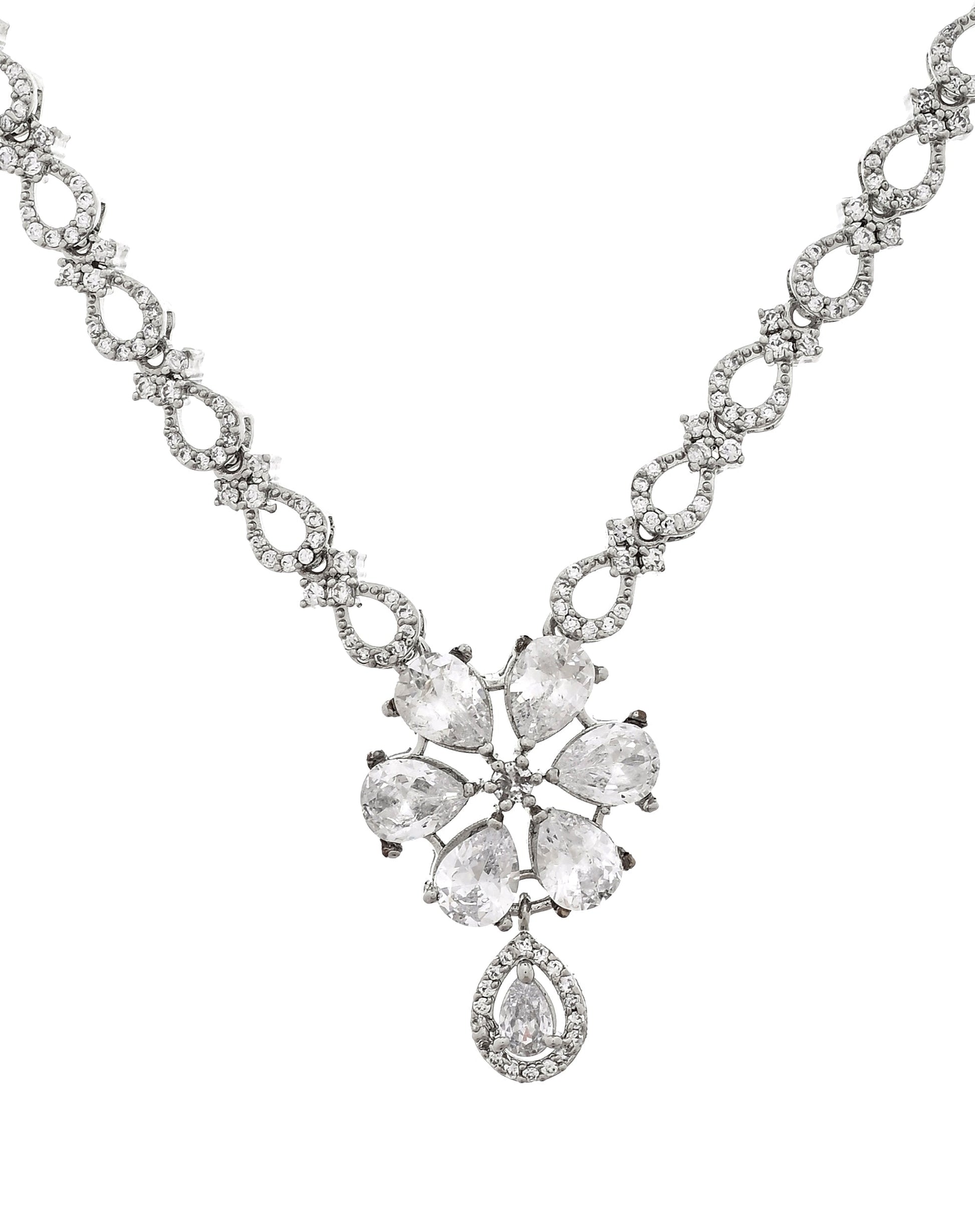VOJ Silver Plated Ad Stone Studded Floral Jewellery Set  Grab2Buy VOJ Grab2Buy