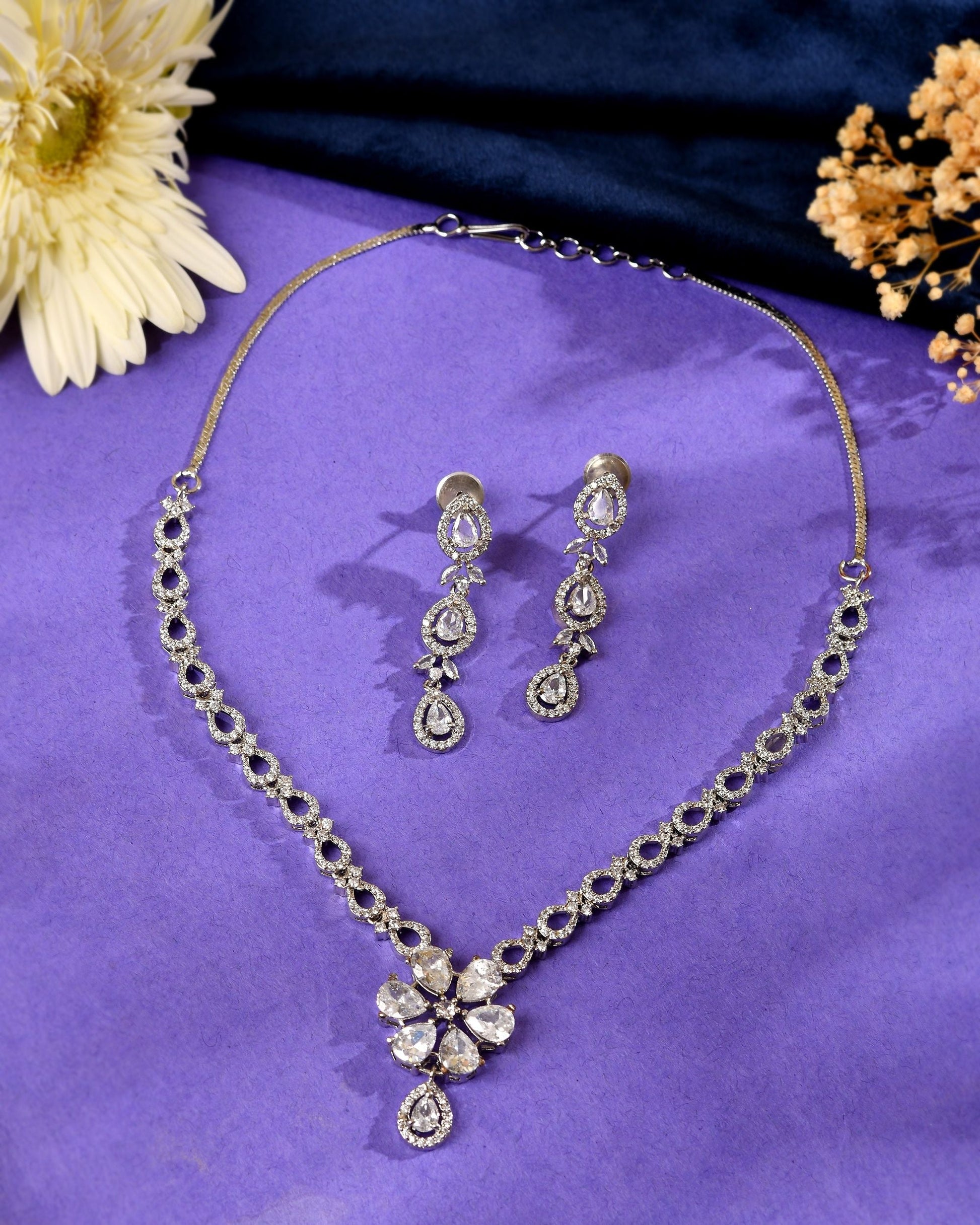 VOJ Silver Plated Ad Stone Studded Floral Jewellery Set  Grab2Buy VOJ Grab2Buy