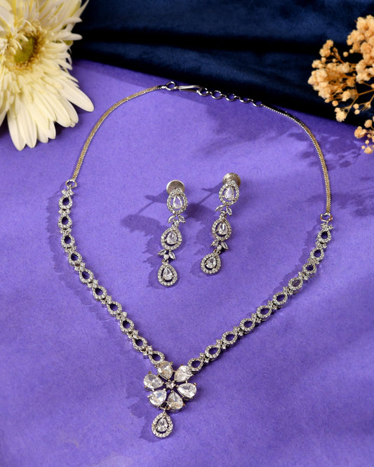 VOJ Silver Plated Ad Stone Studded Floral Jewellery Set  Grab2Buy VOJ Grab2Buy
