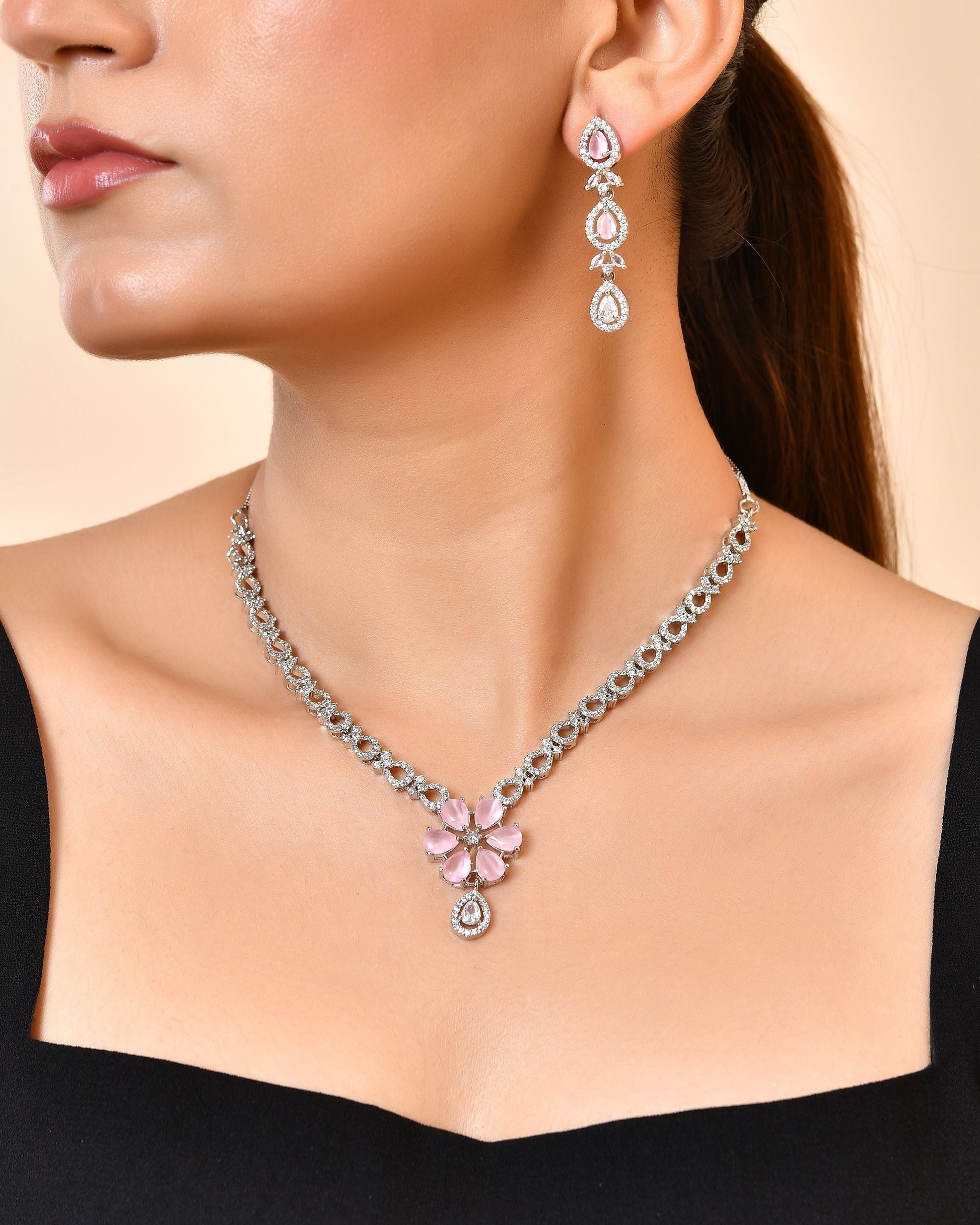 VOJ Silver Plated Ad Stone With Baby Pink Floral Jewellery Set  Grab2Buy VOJ Grab2Buy