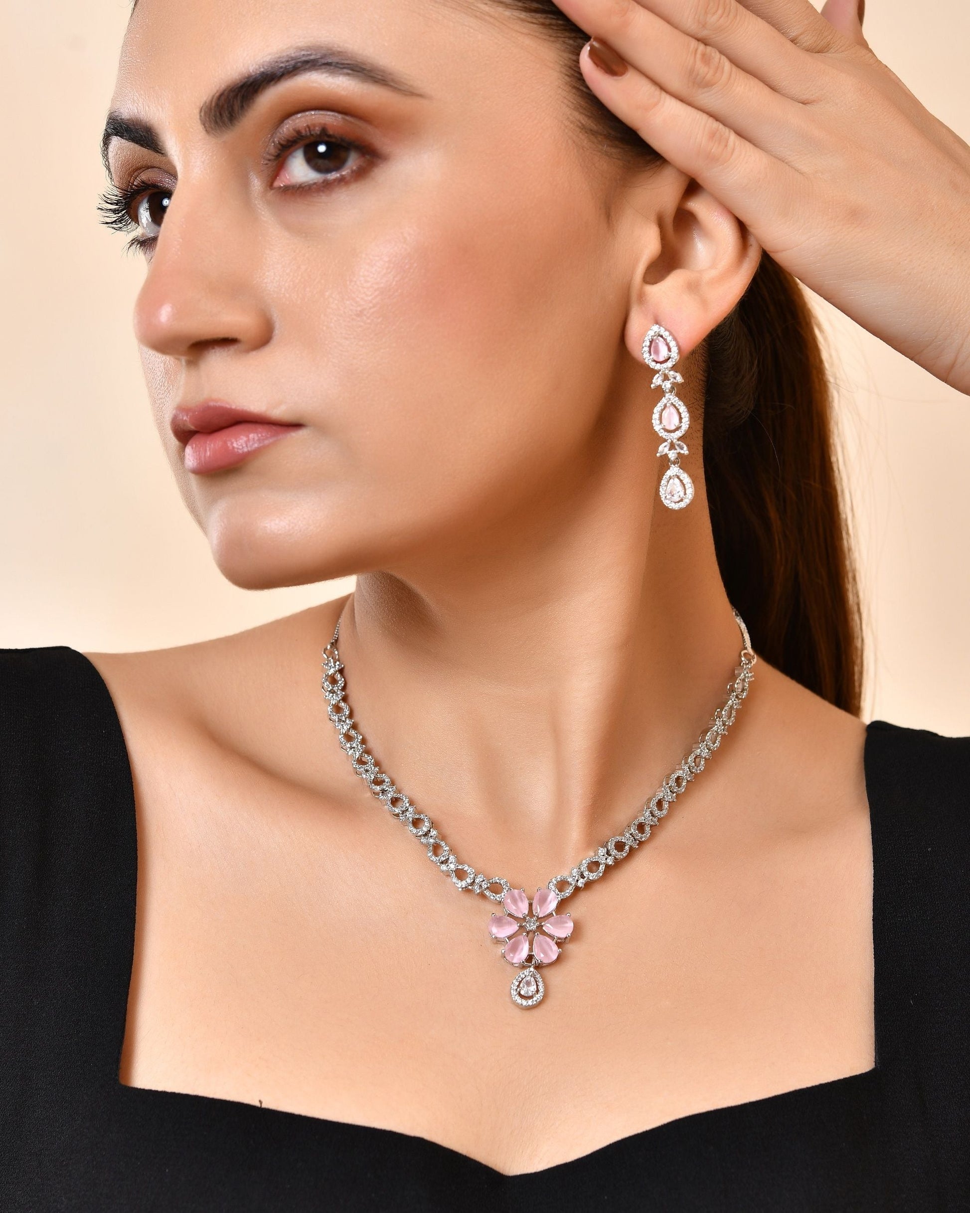 VOJ Silver Plated Ad Stone With Baby Pink Floral Jewellery Set  Grab2Buy VOJ Grab2Buy