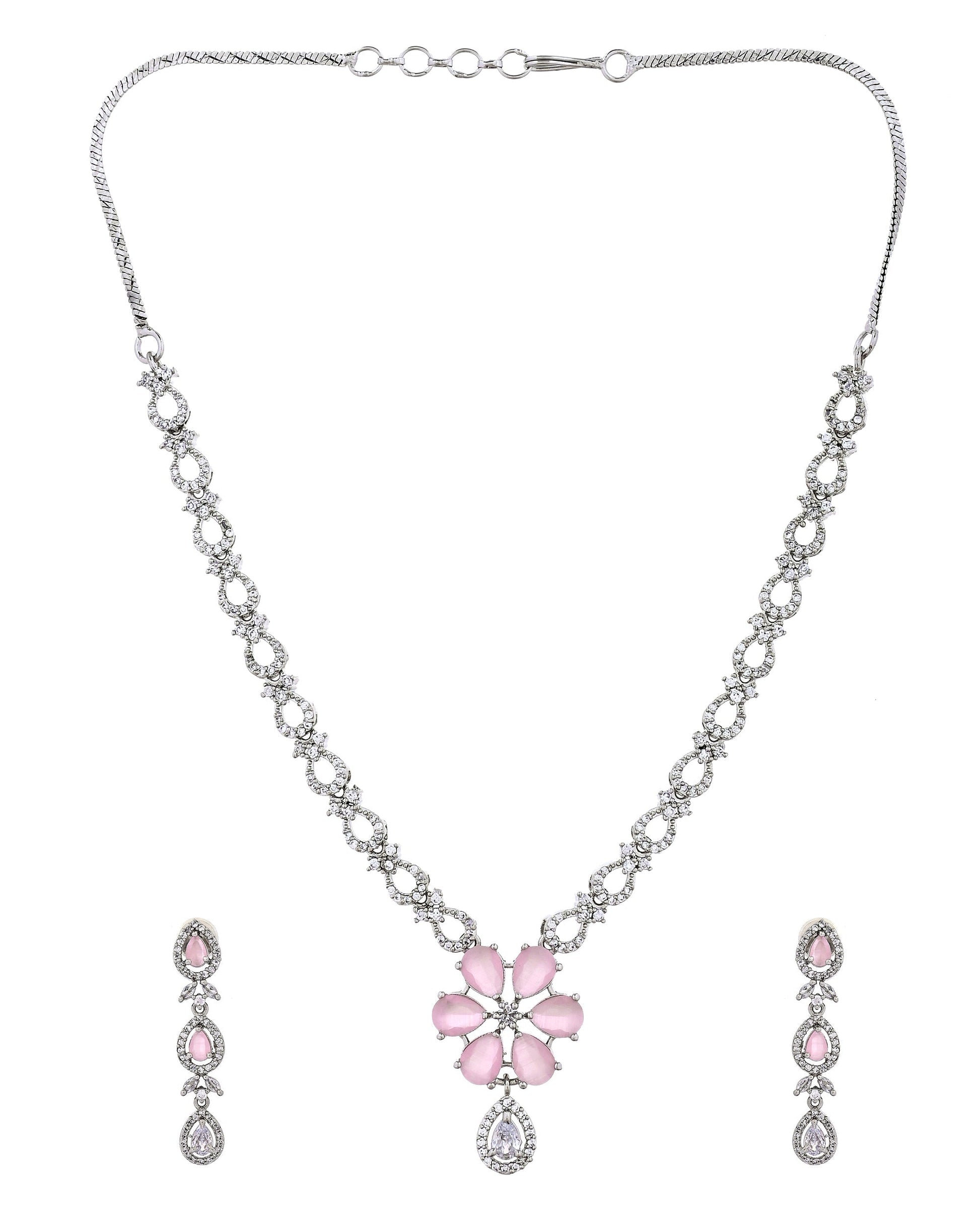 VOJ Silver Plated Ad Stone With Baby Pink Floral Jewellery Set  Grab2Buy VOJ Grab2Buy