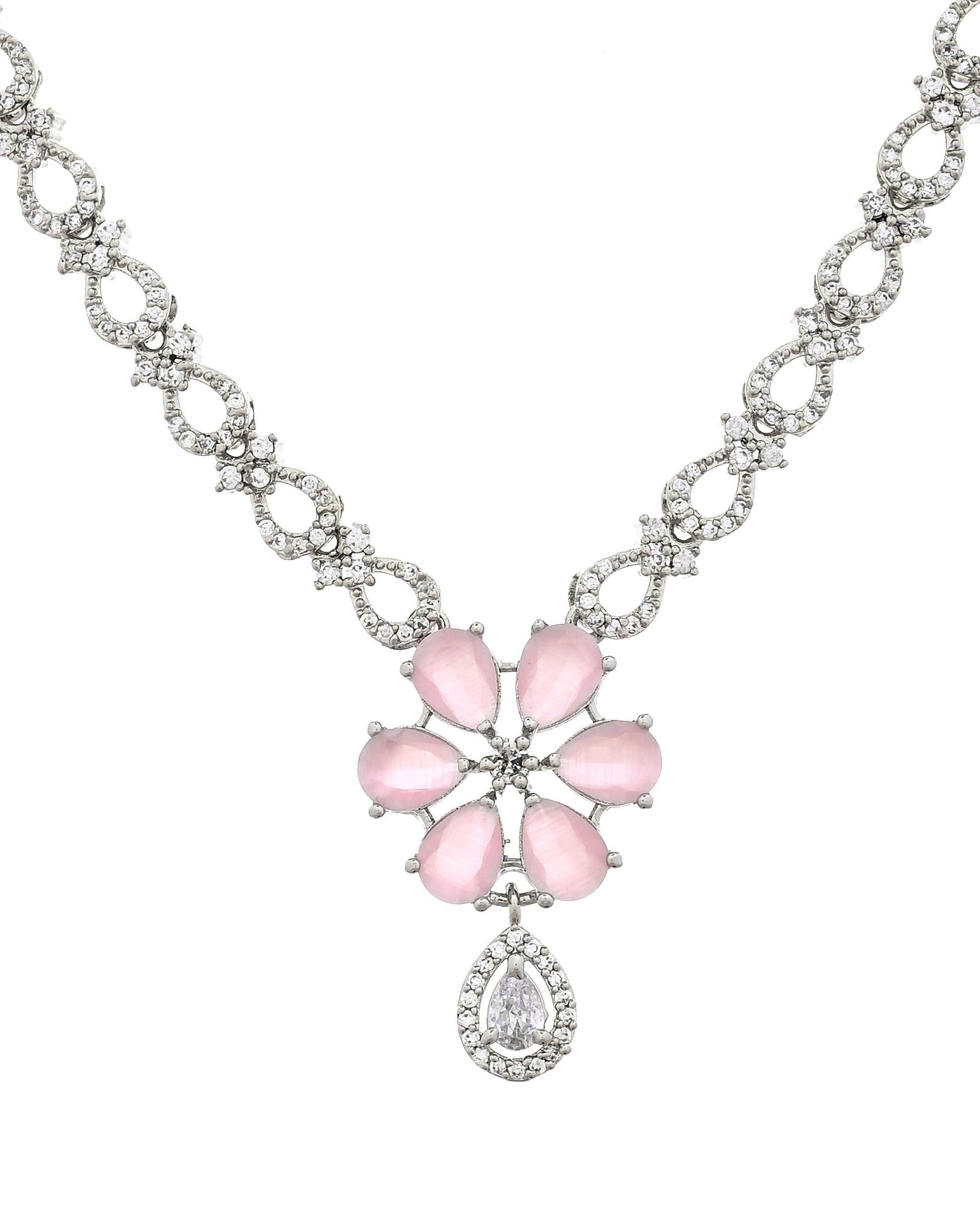 VOJ Silver Plated Ad Stone With Baby Pink Floral Jewellery Set  Grab2Buy VOJ Grab2Buy
