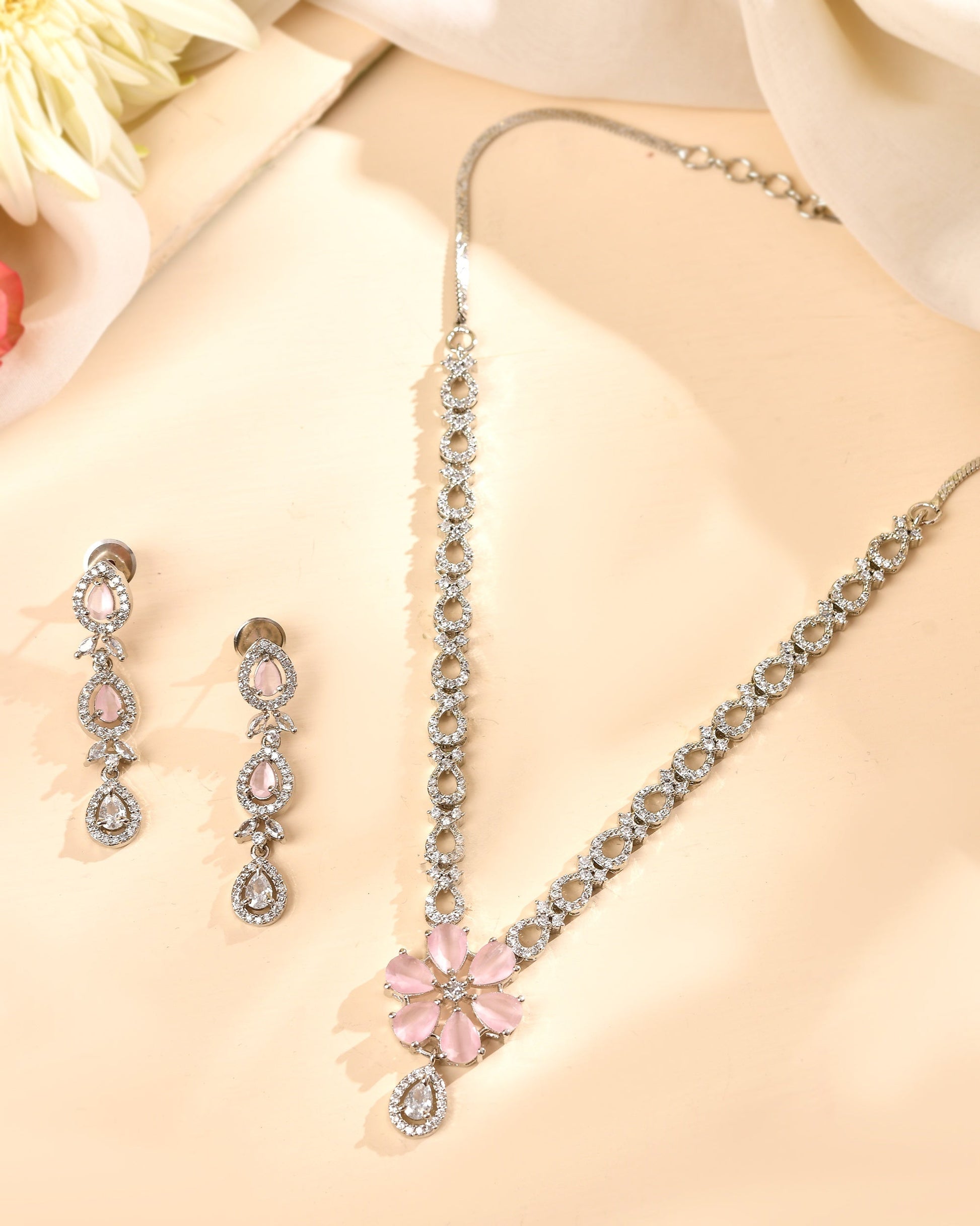 VOJ Silver Plated Ad Stone With Baby Pink Floral Jewellery Set  Grab2Buy VOJ Grab2Buy