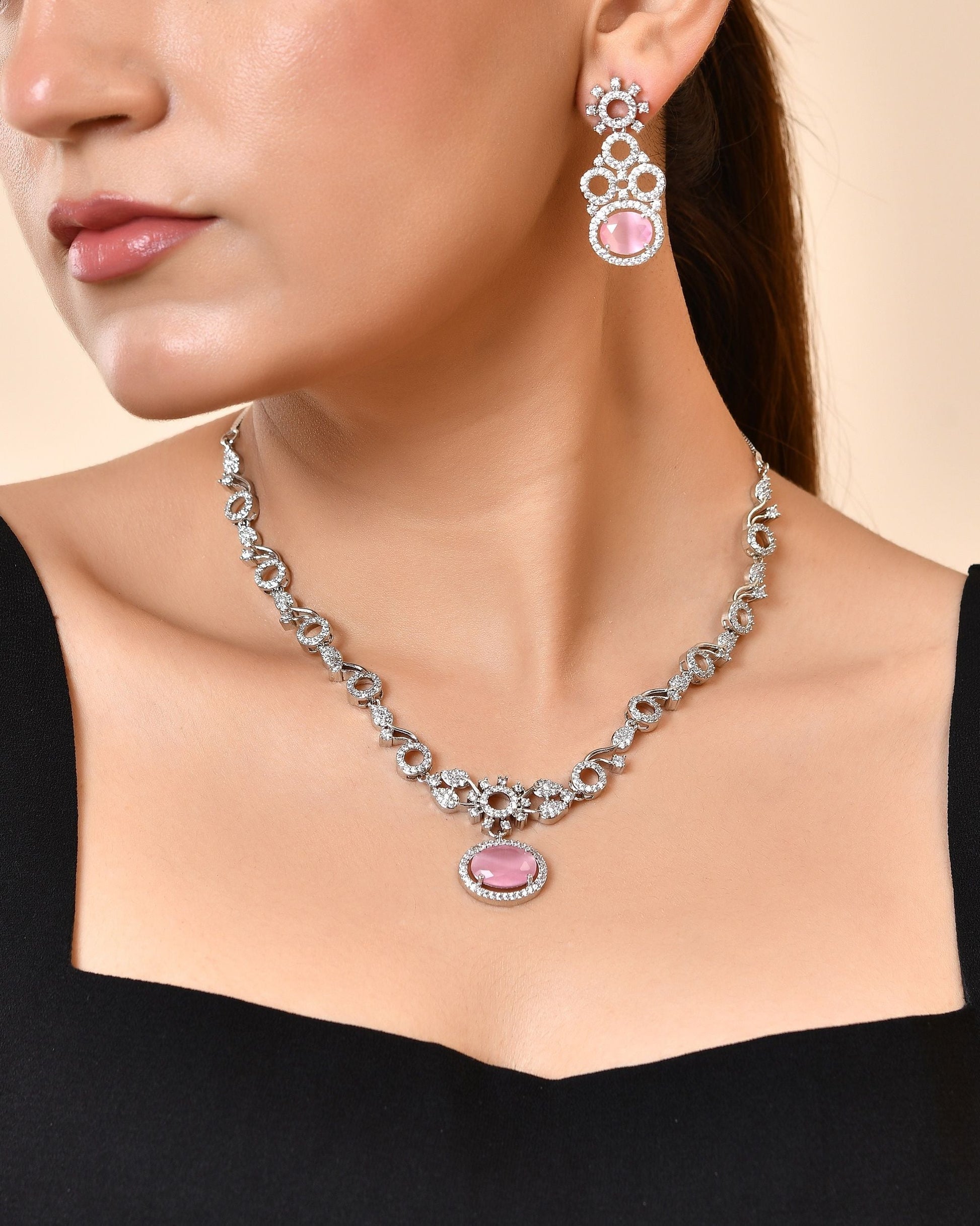 VOJ Silver Plated Designer Oval Stone Ad Necklace Set  Grab2Buy VOJ Grab2Buy
