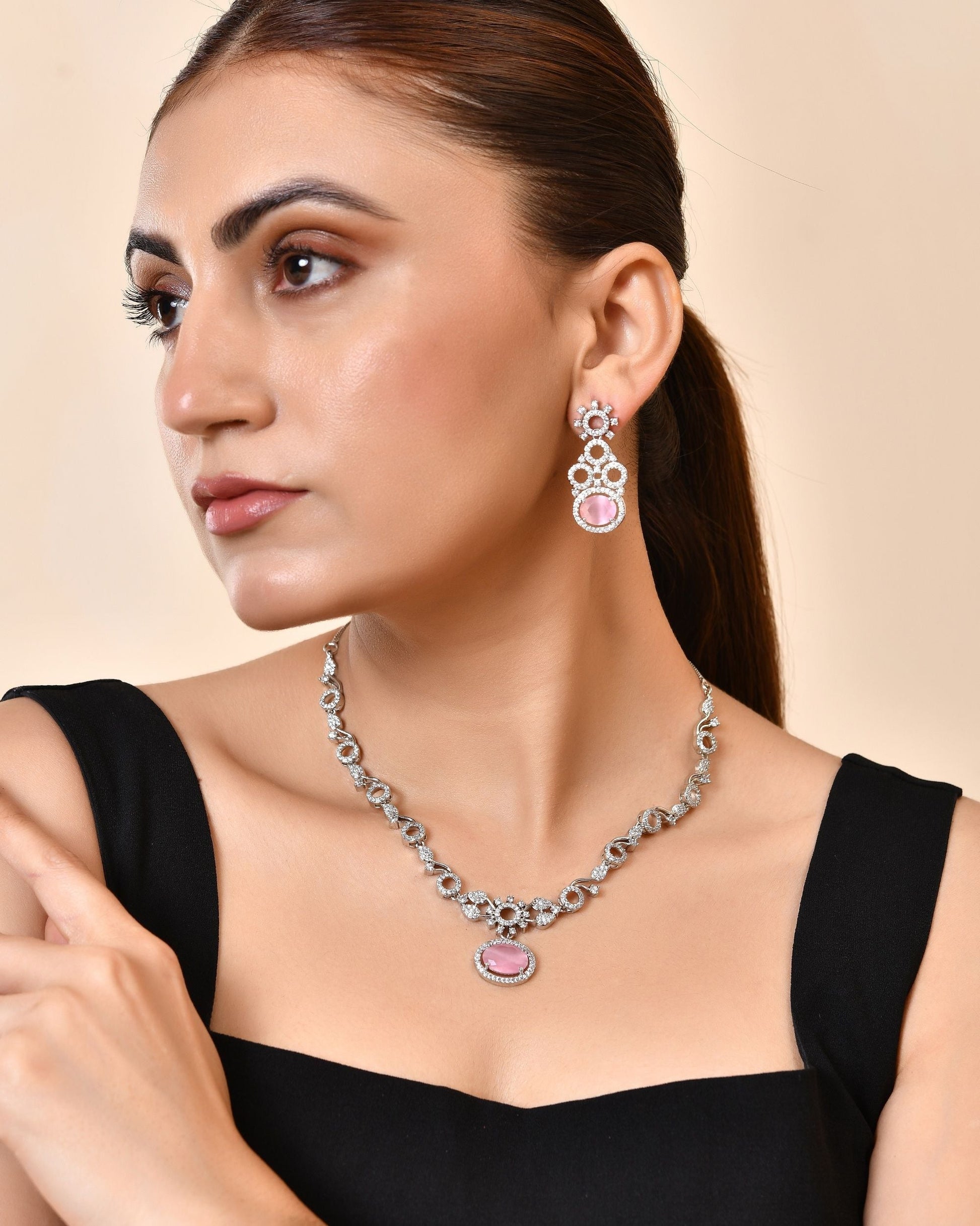 VOJ Silver Plated Designer Oval Stone Ad Necklace Set  Grab2Buy VOJ Grab2Buy