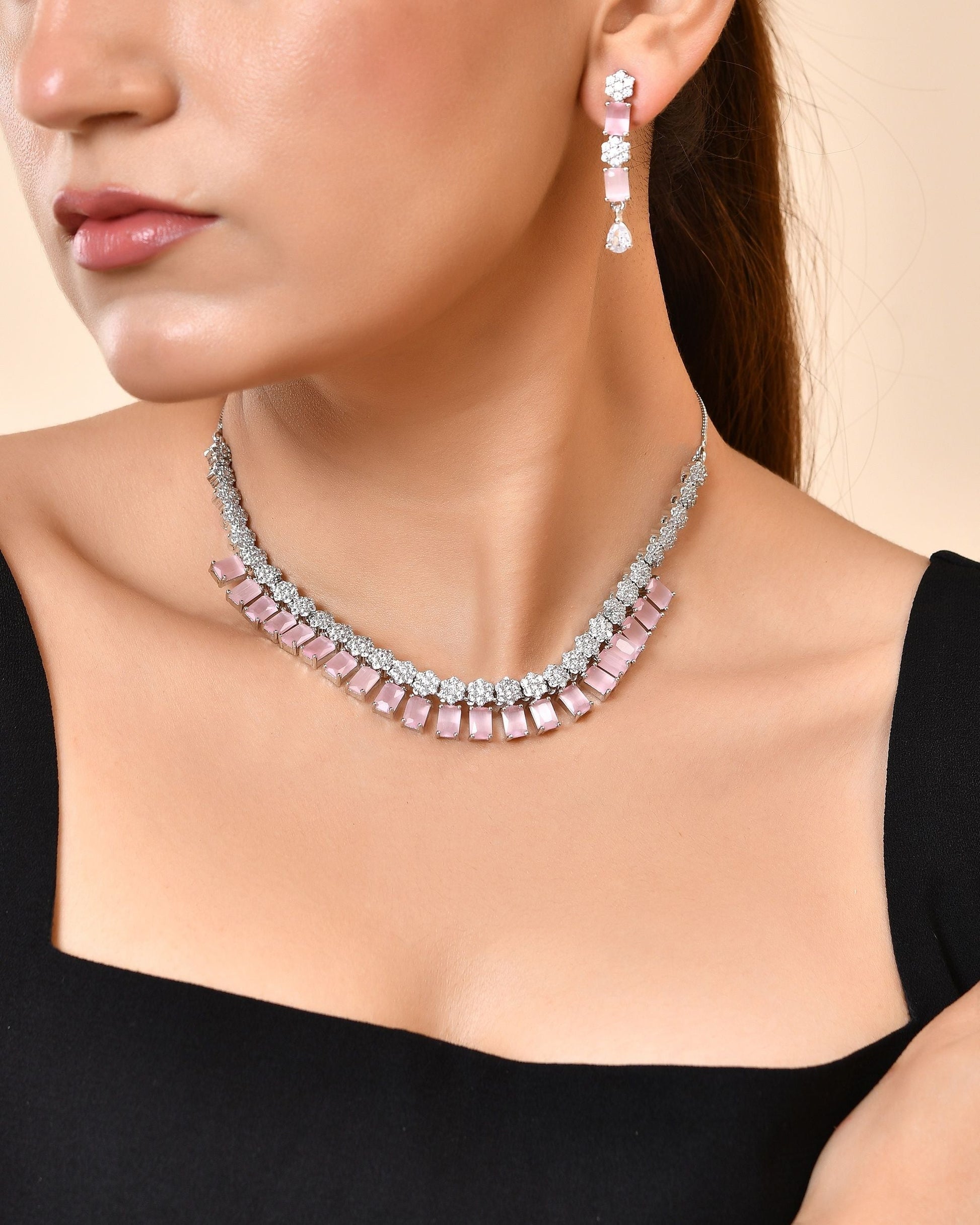 VOJ Silver Plated Baby Pink Rectangular Stone Ad Necklace Set  Grab2Buy VOJ Grab2Buy
