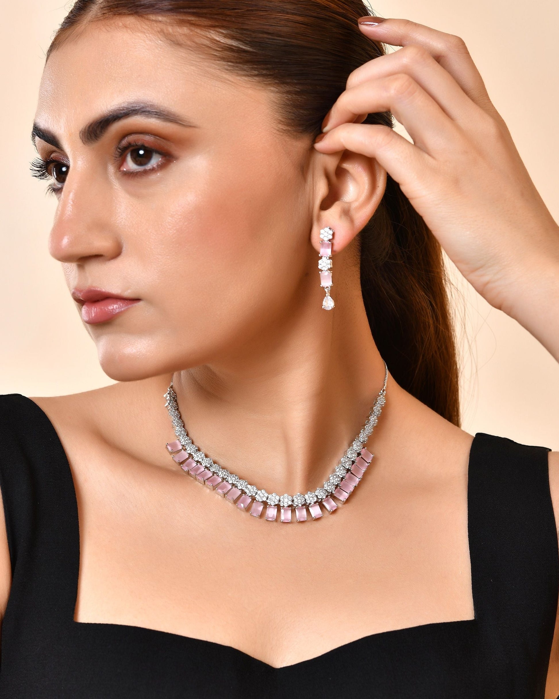 VOJ Silver Plated Baby Pink Rectangular Stone Ad Necklace Set  Grab2Buy VOJ Grab2Buy