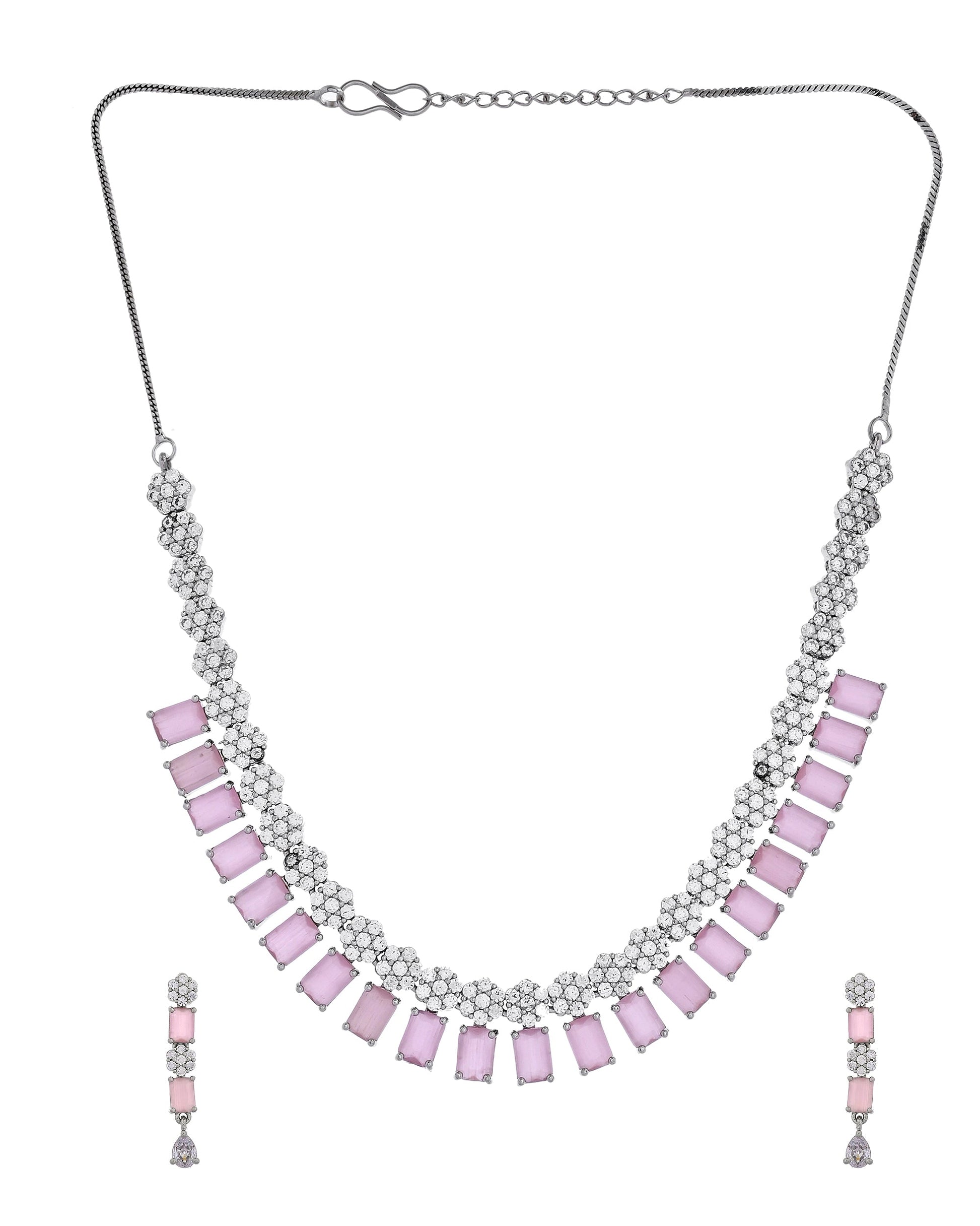 VOJ Silver Plated Baby Pink Rectangular Stone Ad Necklace Set  Grab2Buy VOJ Grab2Buy