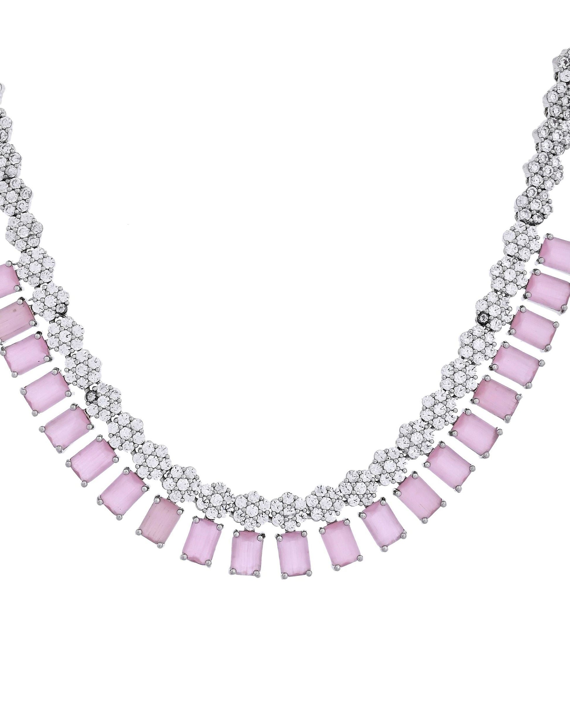 VOJ Silver Plated Baby Pink Rectangular Stone Ad Necklace Set  Grab2Buy VOJ Grab2Buy