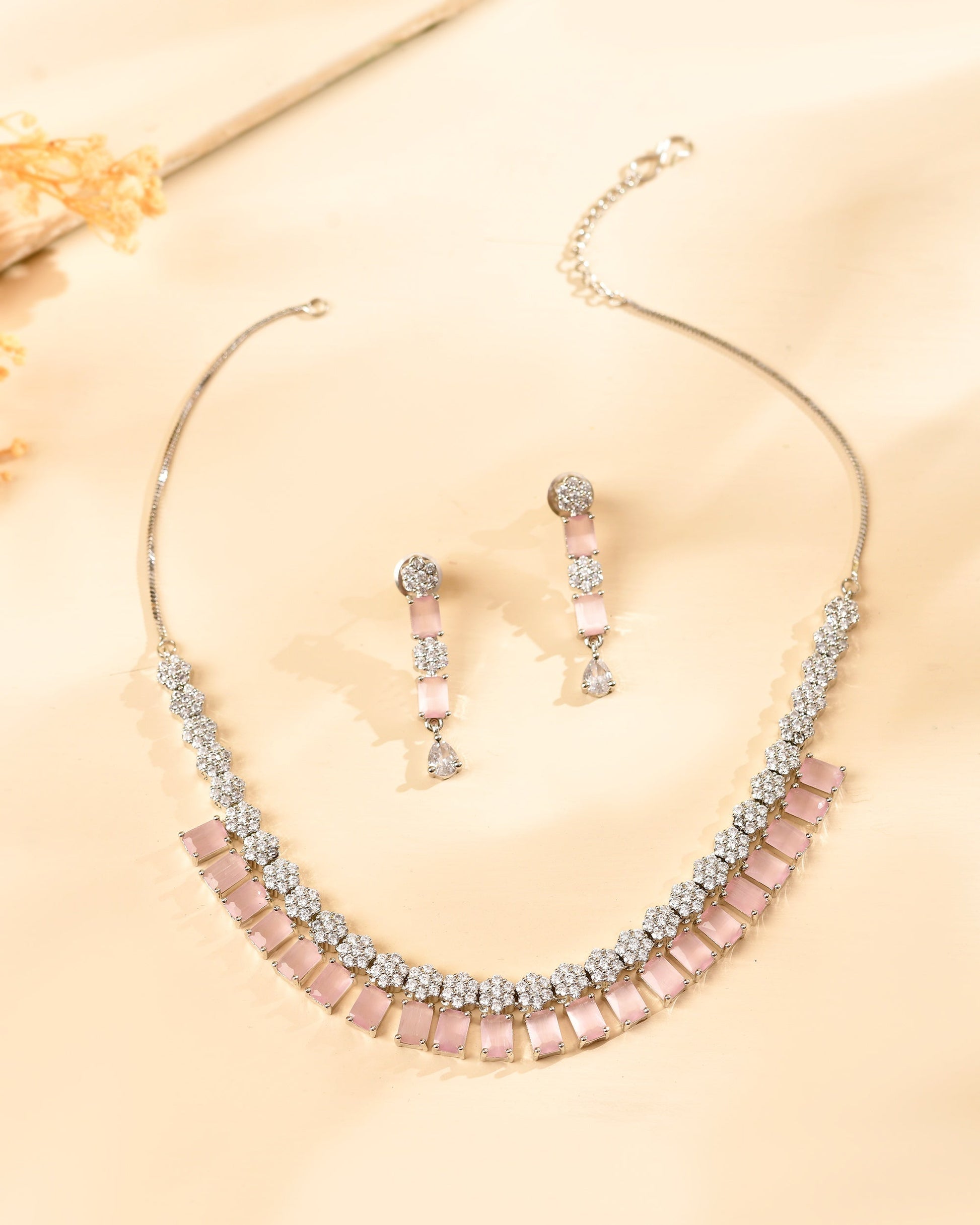 VOJ Silver Plated Baby Pink Rectangular Stone Ad Necklace Set  Grab2Buy VOJ Grab2Buy