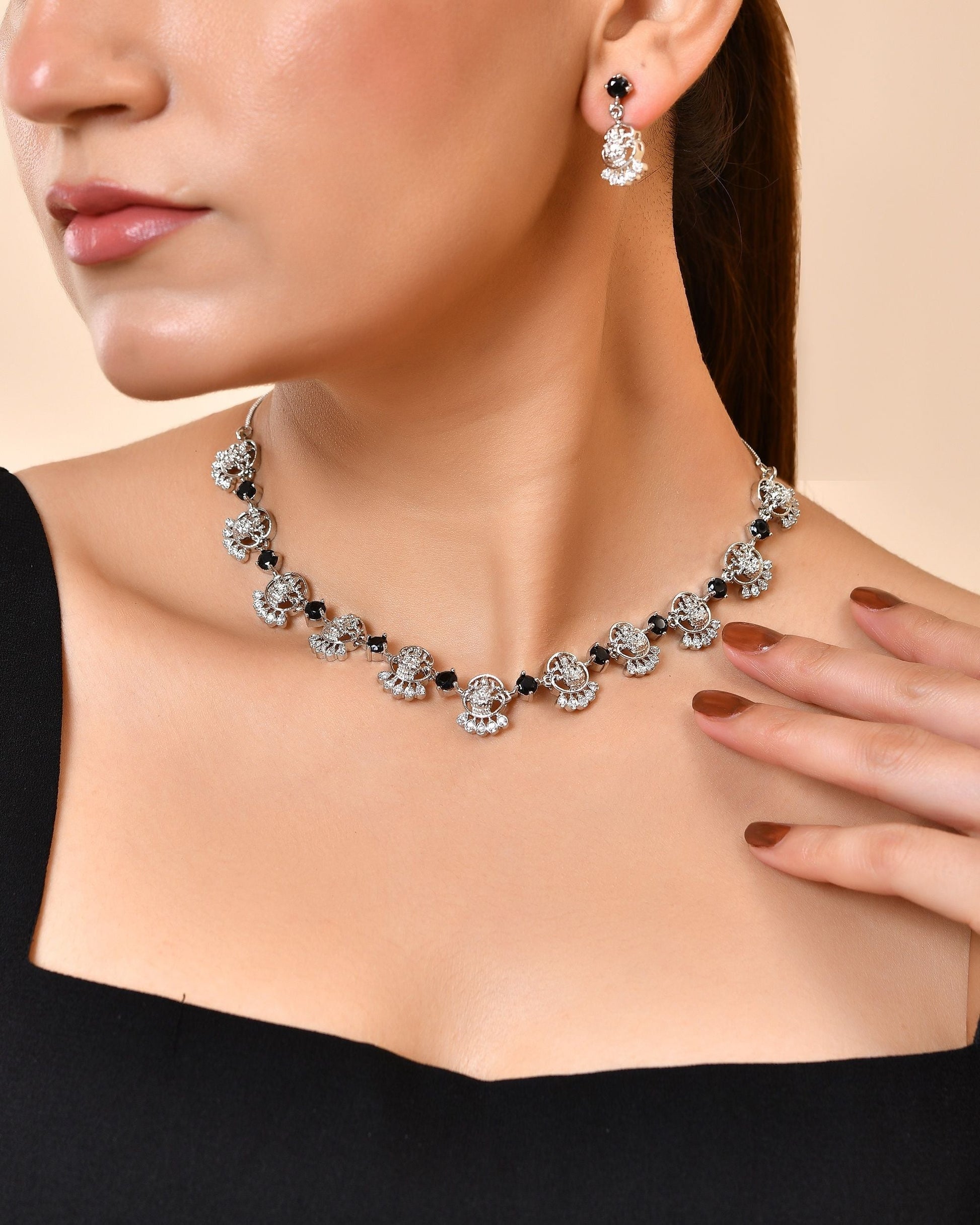VOJ Silver Plated Ad Black Stone Temple Jewellery Set  Grab2Buy VOJ Grab2Buy
