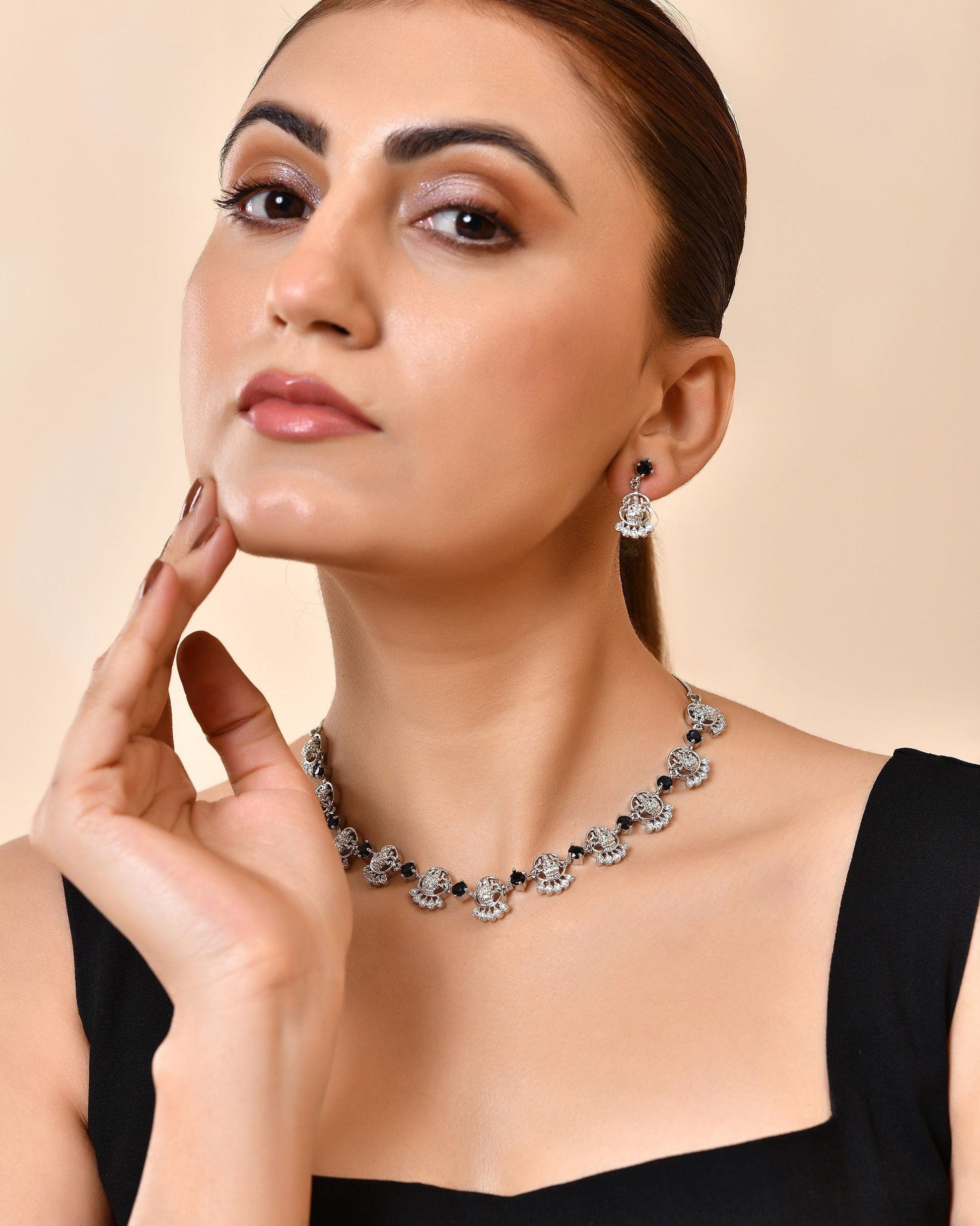 VOJ Silver Plated Ad Black Stone Temple Jewellery Set  Grab2Buy VOJ Grab2Buy