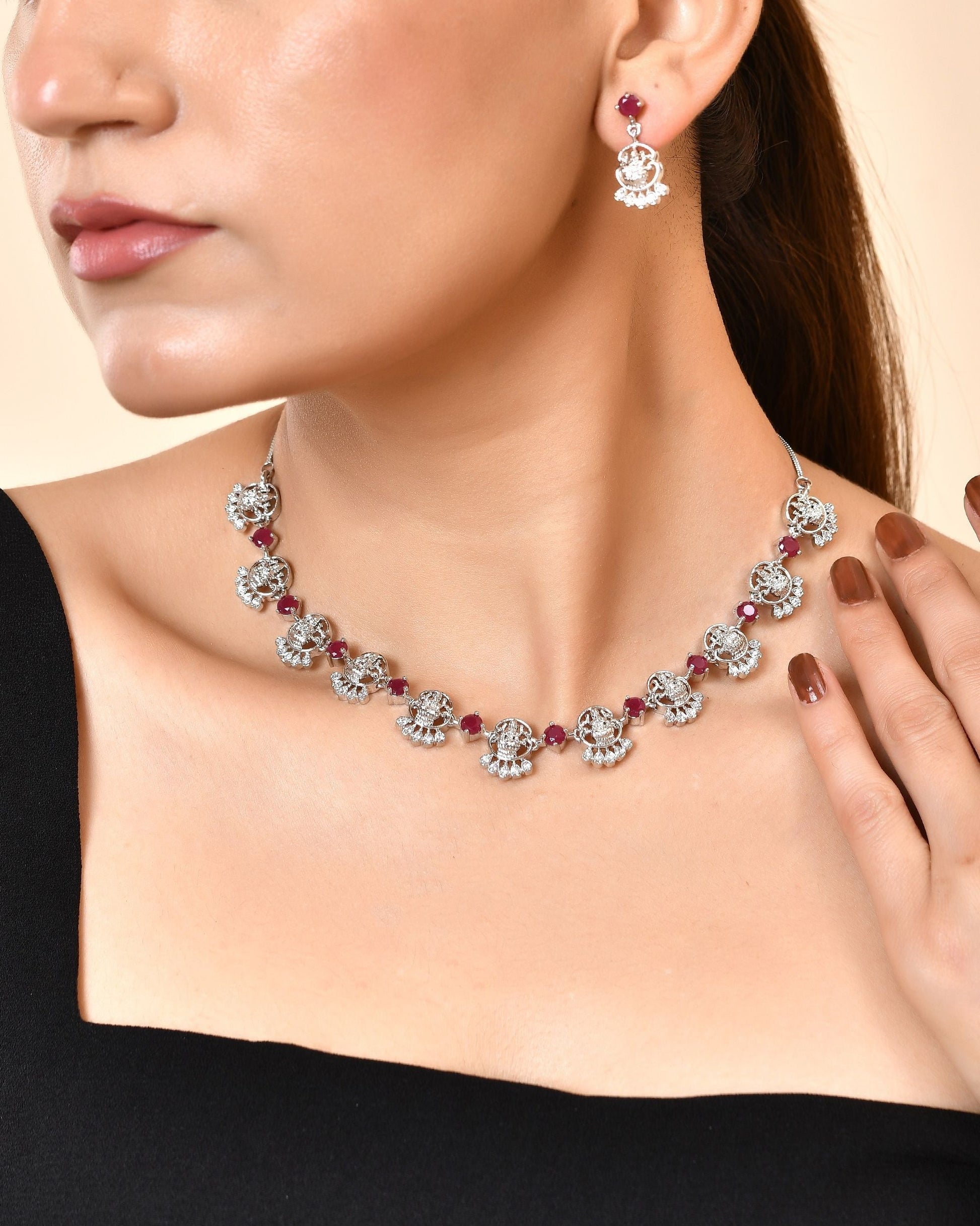 VOJ Silver Plated Ad Wine Stone Temple Jewellery Set  Grab2Buy VOJ Grab2Buy